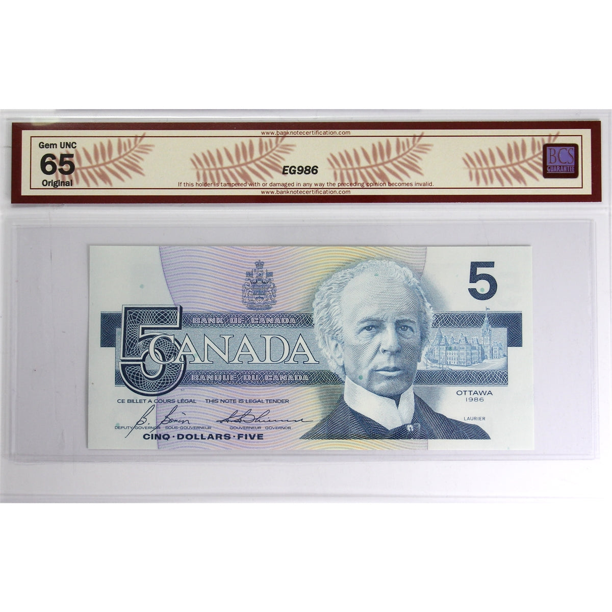 BC-56c 1986 Canada $5 Bonin-Thiessen, GPC BCS Certified GUNC65 Original