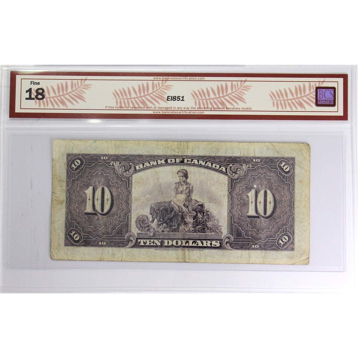 BC-7 1935 Canada $10 Osborne-Towers, English, Check Letter A BCS Certified F-18