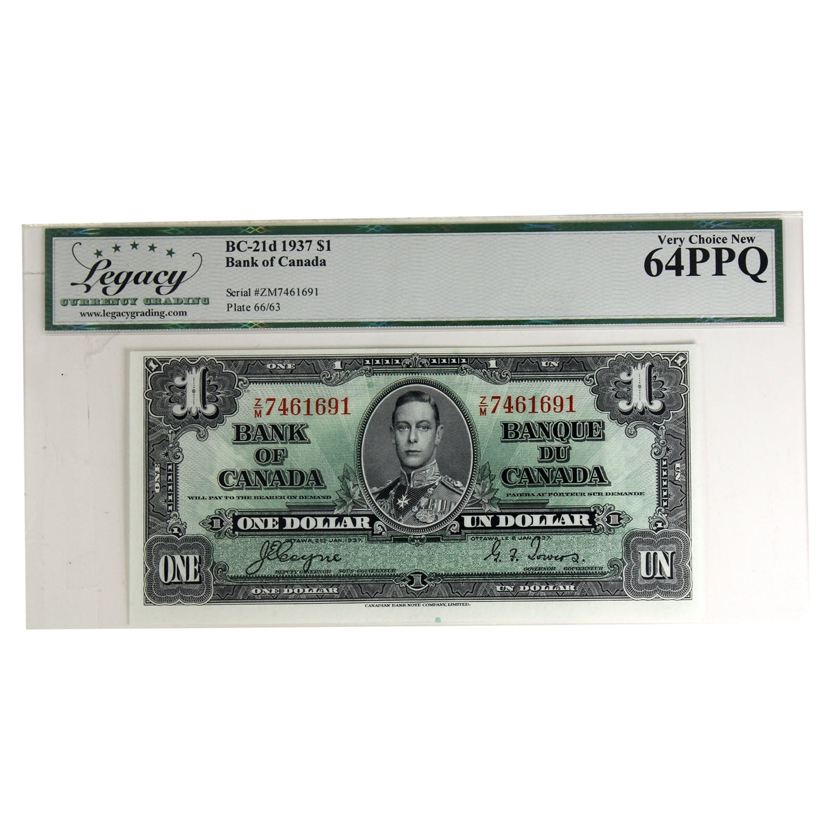 BC-21d 1937 Canada $1 Coyne-Towers, Z/M Legacy Certified CUNC64 PPQ