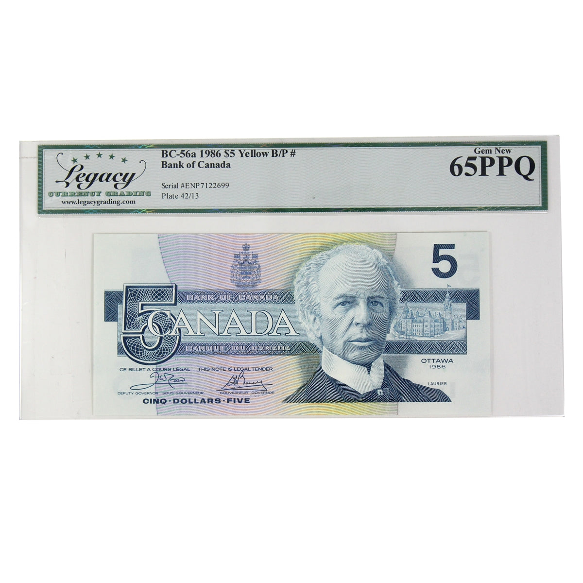 BC-56a 1986 Canada $5 Crow-Bouey, Yellow BPN, ENP Legacy Certified GUNC65 PPQ