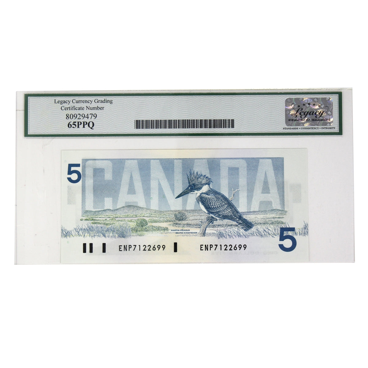 BC-56a 1986 Canada $5 Crow-Bouey, Yellow BPN, ENP Legacy Certified GUNC65 PPQ