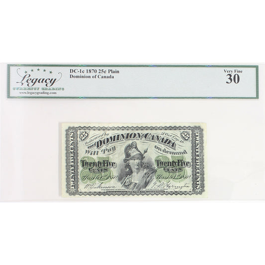 DC-1c 1870 Dominion 25-cent Shinplaster, D-H, Plain Series, Legacy Certified VF30