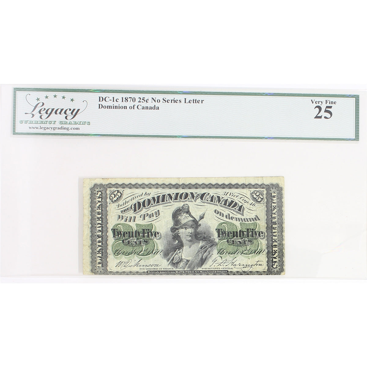 DC-1c 1870 Dominion 25-cent Shinplaster, D-H, Plain Series, Legacy Certified VF25