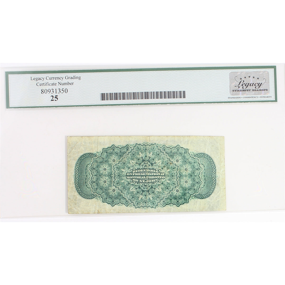 DC-1c 1870 Dominion 25-cent Shinplaster, D-H, Plain Series, Legacy Certified VF25