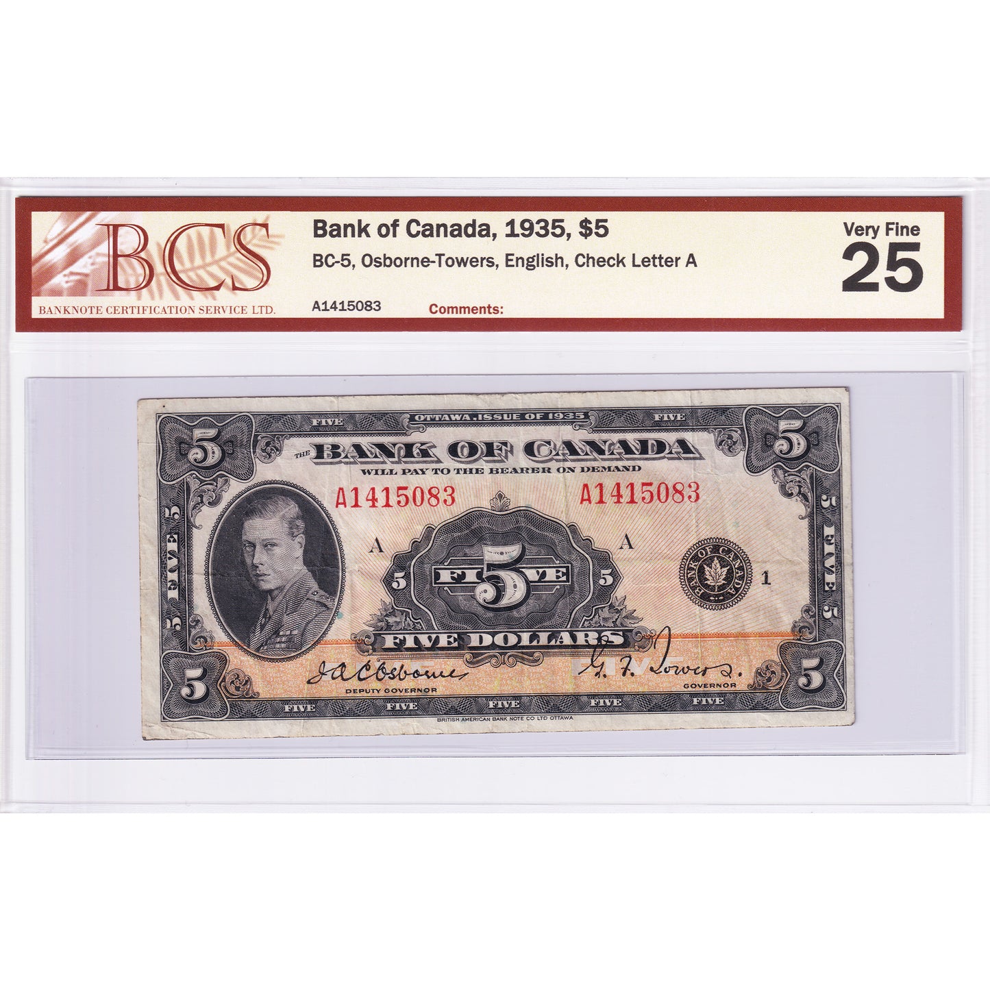 BC-5 1935 Canada $5 Osborne-Towers, English, Series A, Check Letter A BCS Certified VF25