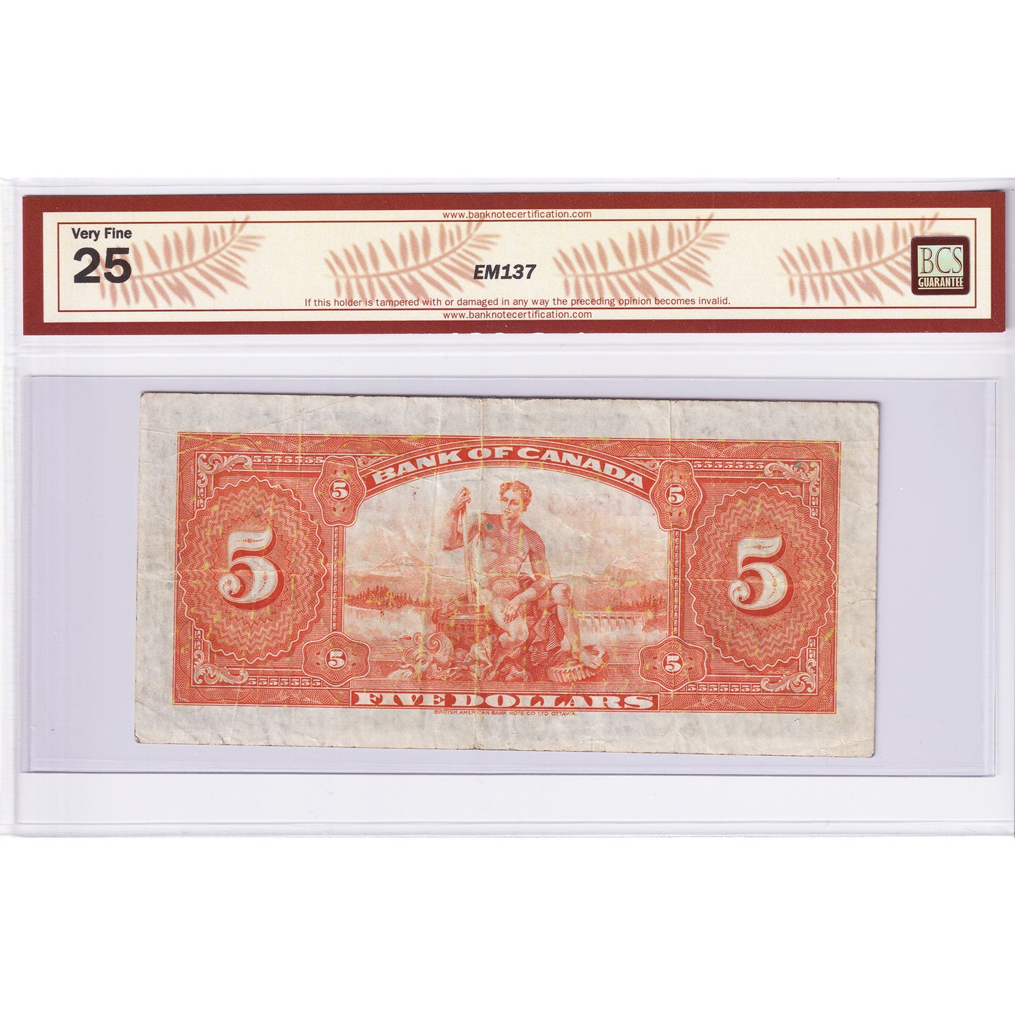 BC-5 1935 Canada $5 Osborne-Towers, English, Series A, Check Letter A BCS Certified VF25