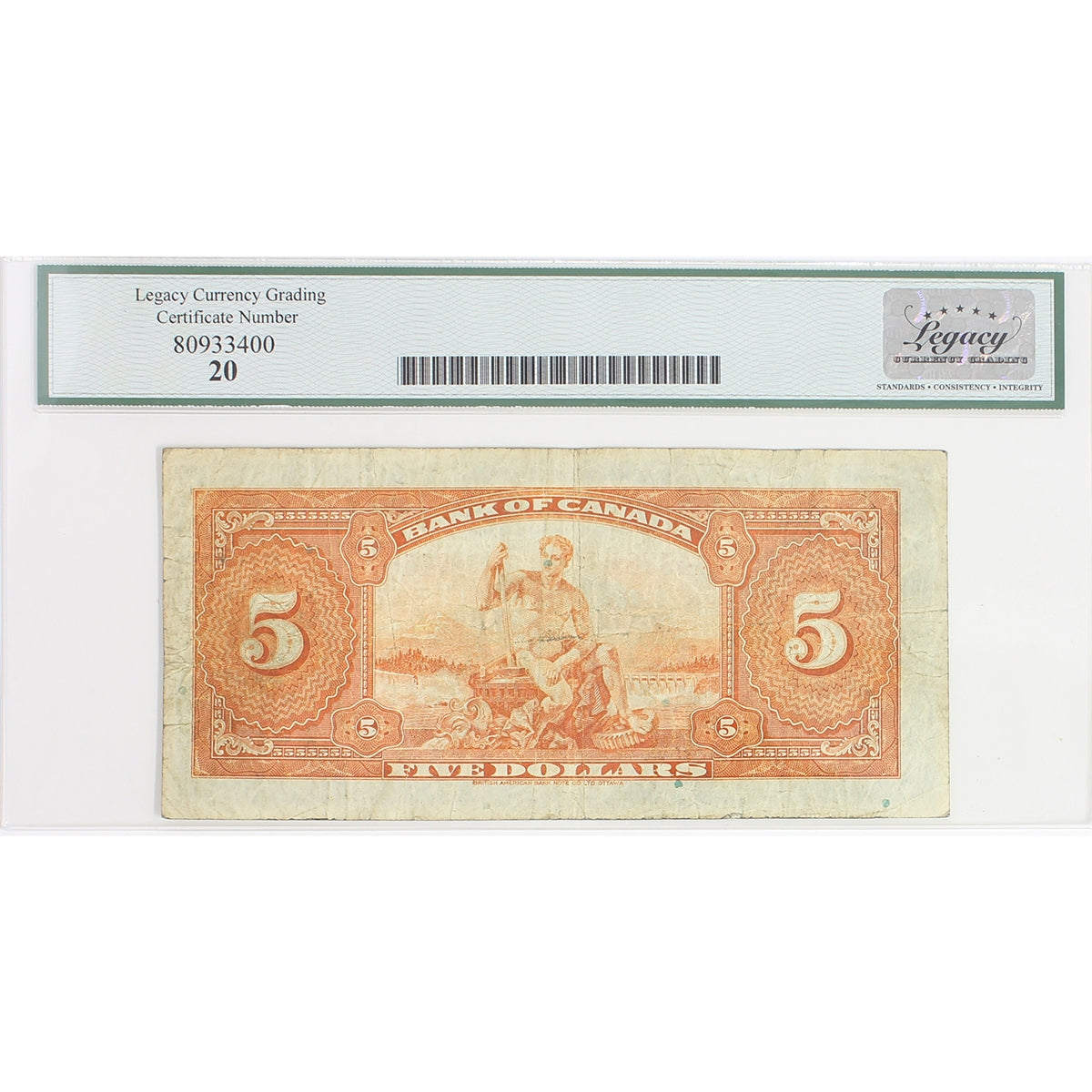 BC-5 1935 Canada $5 Osborne-Towers, English, Check Letter D, Legacy Certified VF20