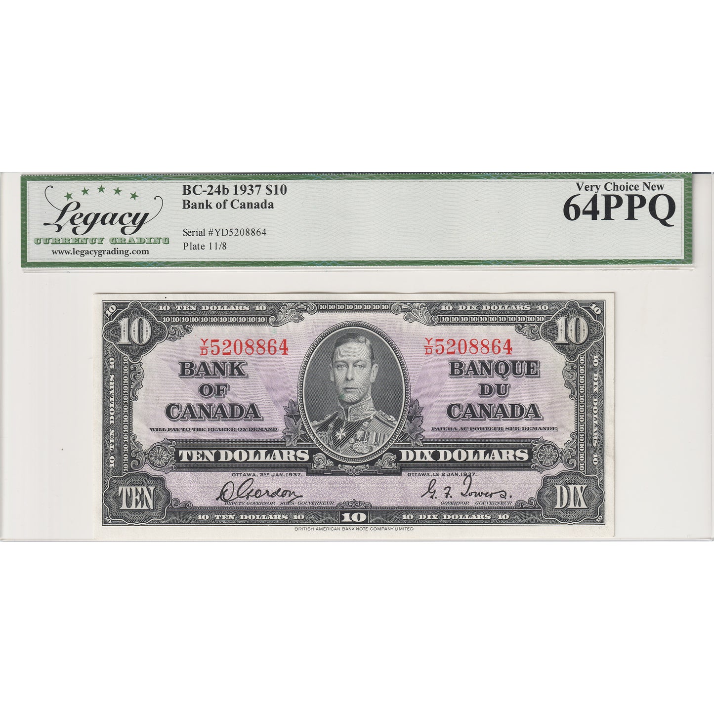 BC-24b 1937 Canada $10 Gordon-Towers, Y/D Legacy Certified CUNC64 PPQ