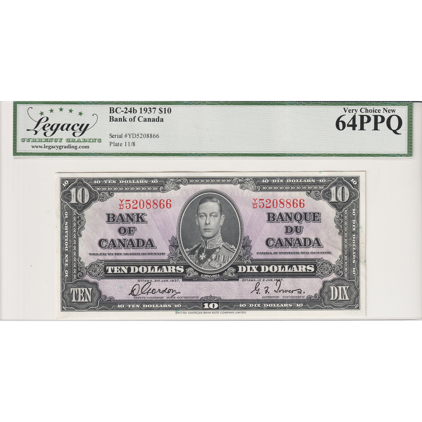 BC-24b 1937 Canada $10 Gordon-Towers, Y/D Legacy Certified CUNC64 PPQ