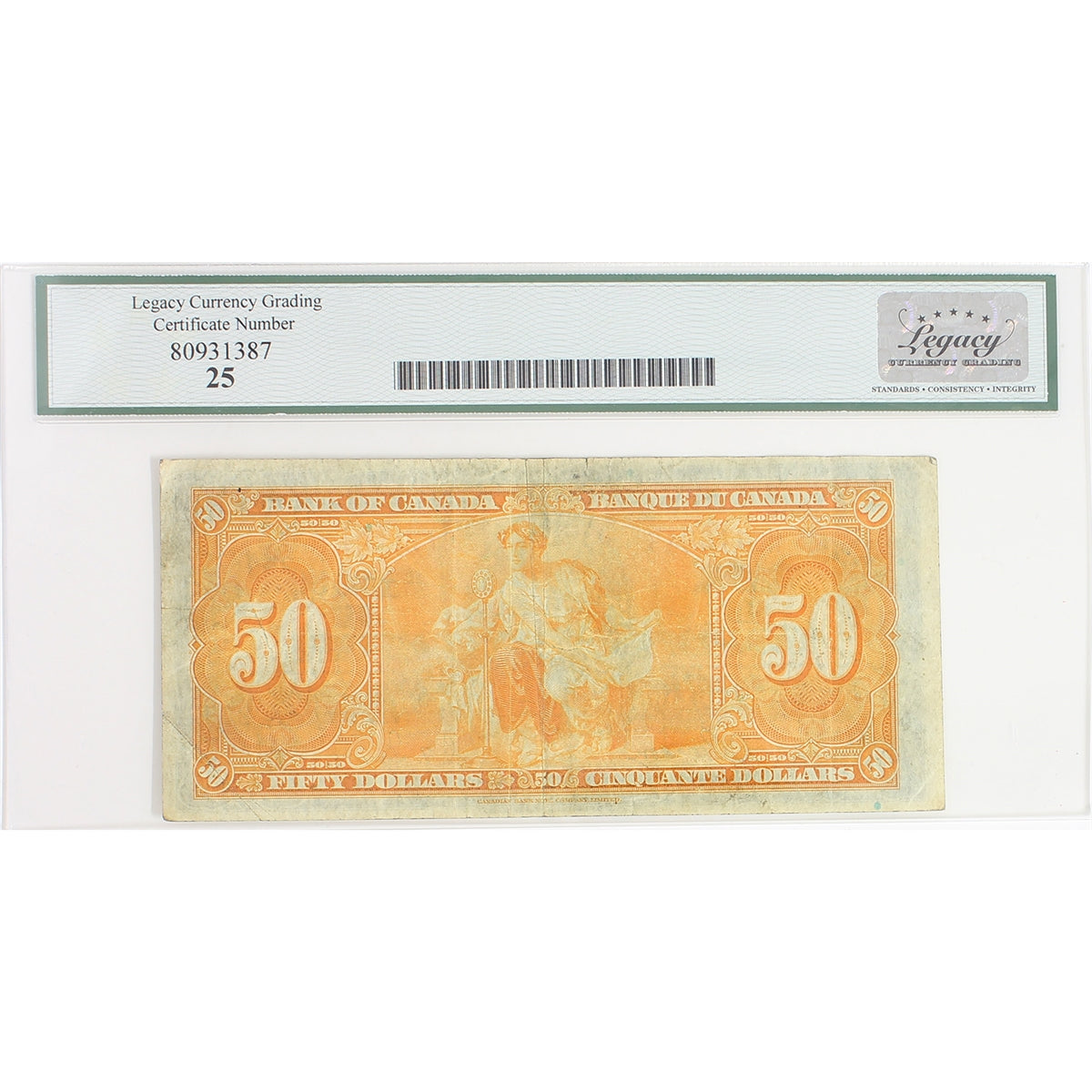 BC-26b 1937 Canada $50 Gordon-Towers, B/H, Legacy Certified VF25