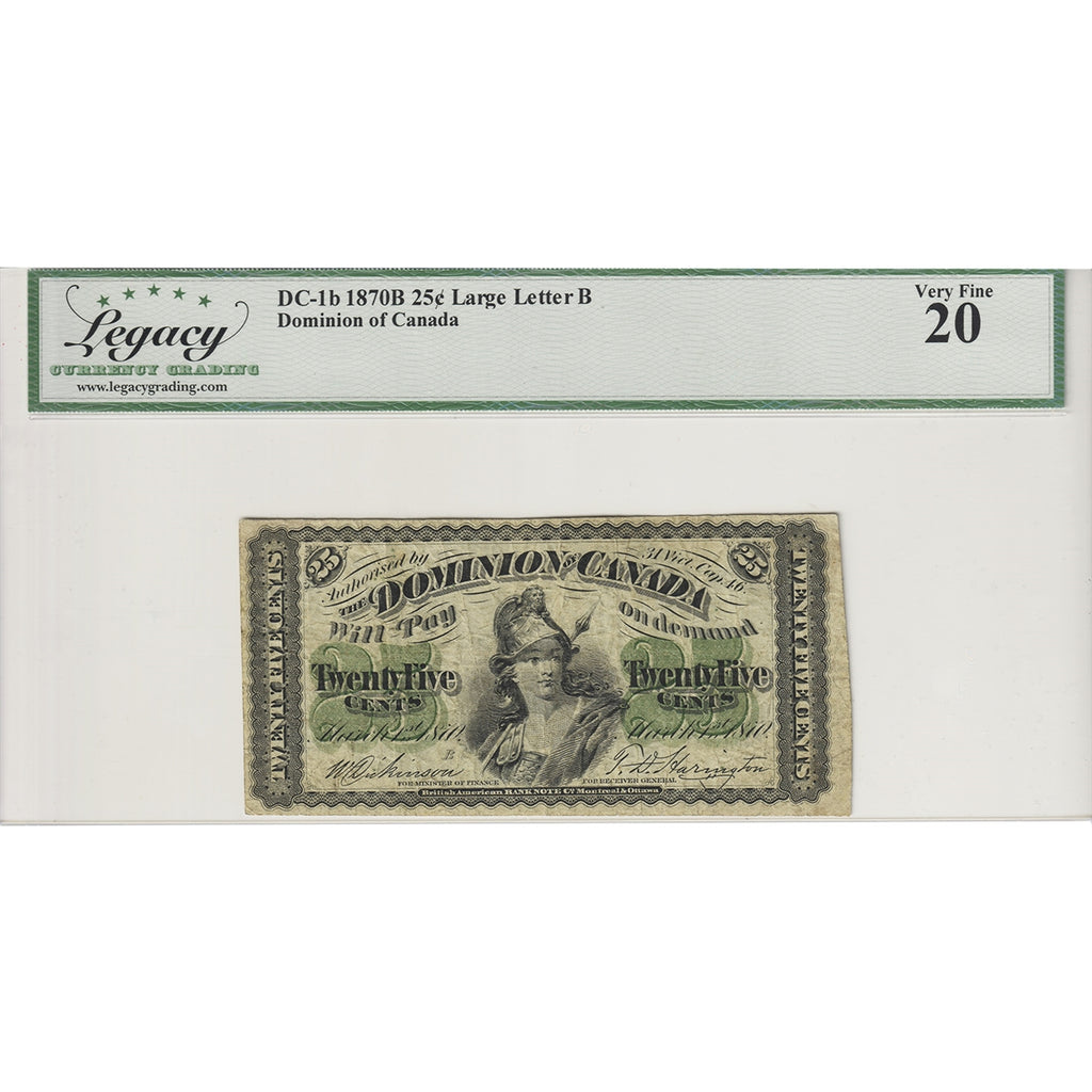 DC-1b 1870B Dominion 25-cent Shinplaster Dickinson-Harington, Large B, Legacy Cert. VF20