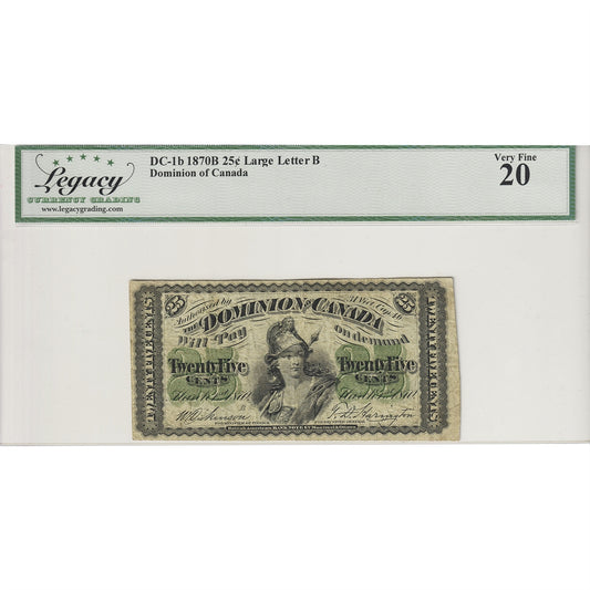 DC-1b 1870B Dominion 25-cent Shinplaster Dickinson-Harington, Large B, Legacy Cert. VF20