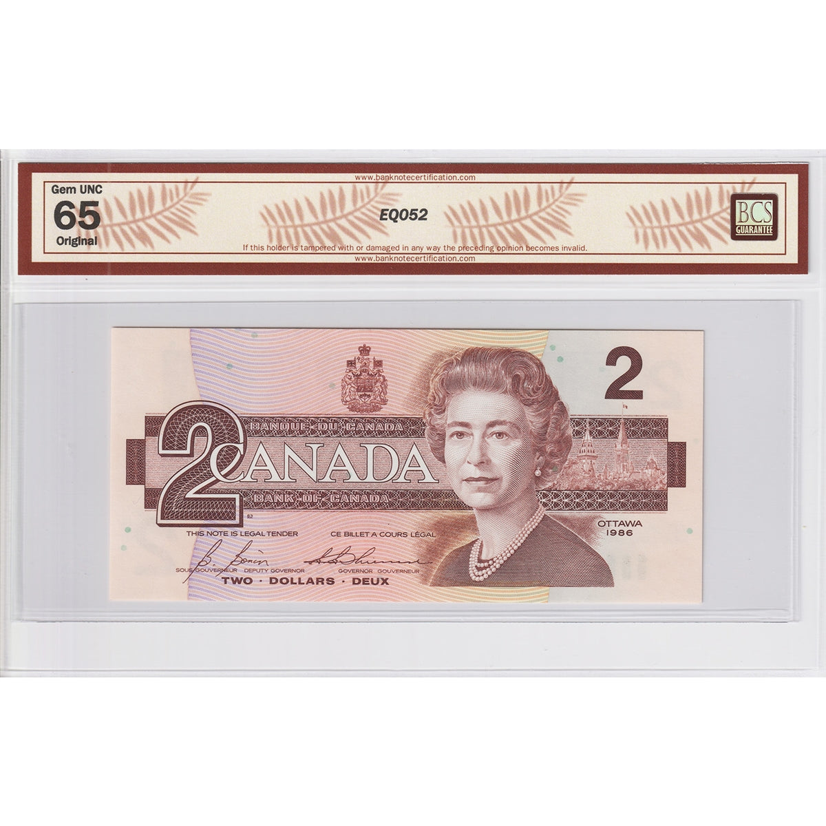 BC-55c 1986 Canada $2 Bonin-Thiessen, Changeover, CBH BCS Certified GUNC65 Original
