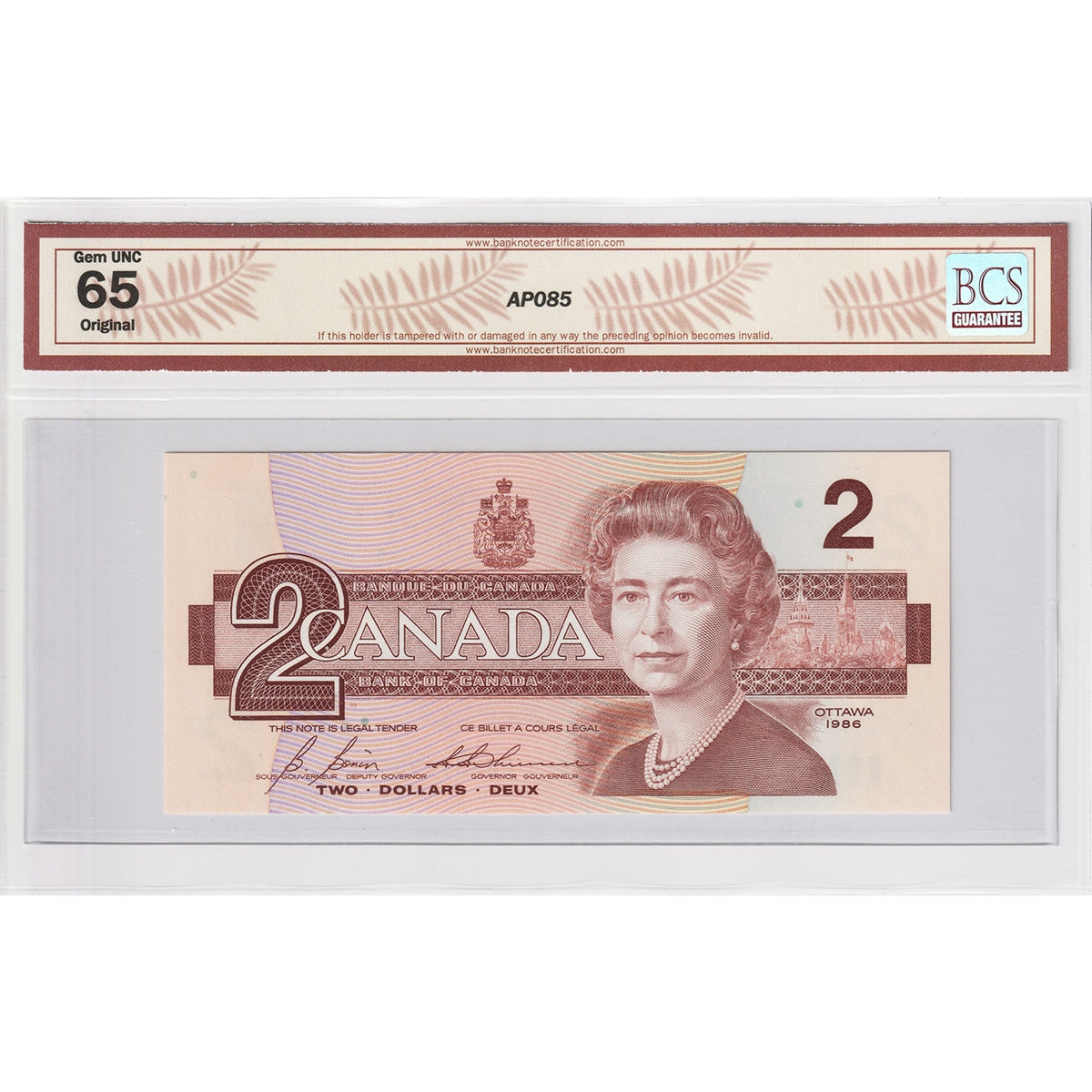 BC-55cA-i 1986 Canada $2 Bonin-Thiessen, Replacement, EBX BCS Certified GUNC65 Original