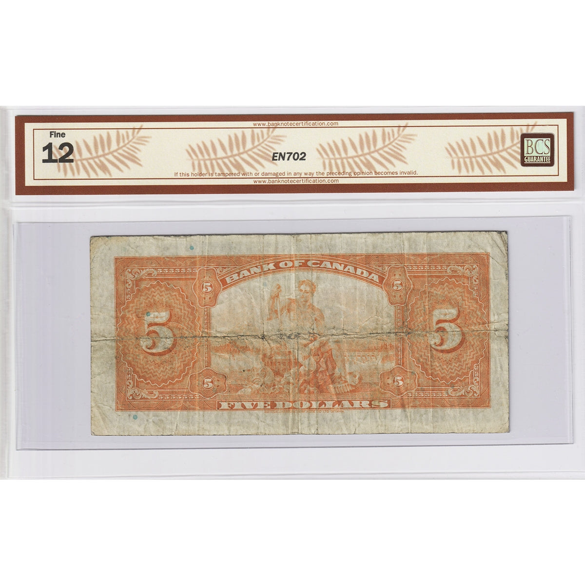 BC-5 1935 Canada $5 Osborne-Towers, English, Check Letter A BCS Certified F12