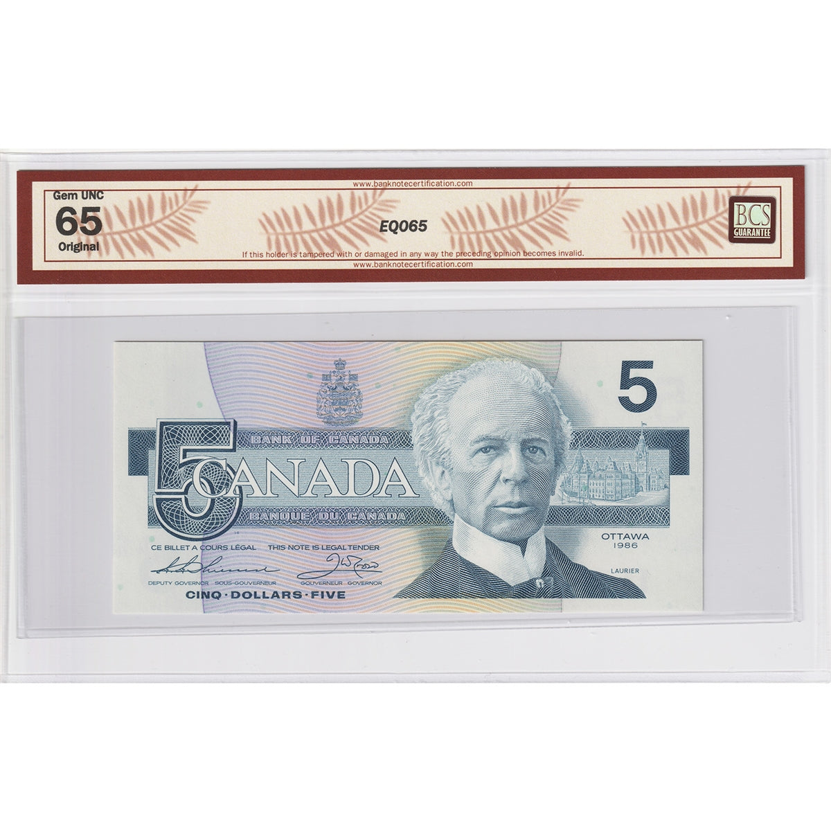 BC-56b 1986 Canada $5 Thiessen-Crow, FPZ BCS Certified GUNC65 Original