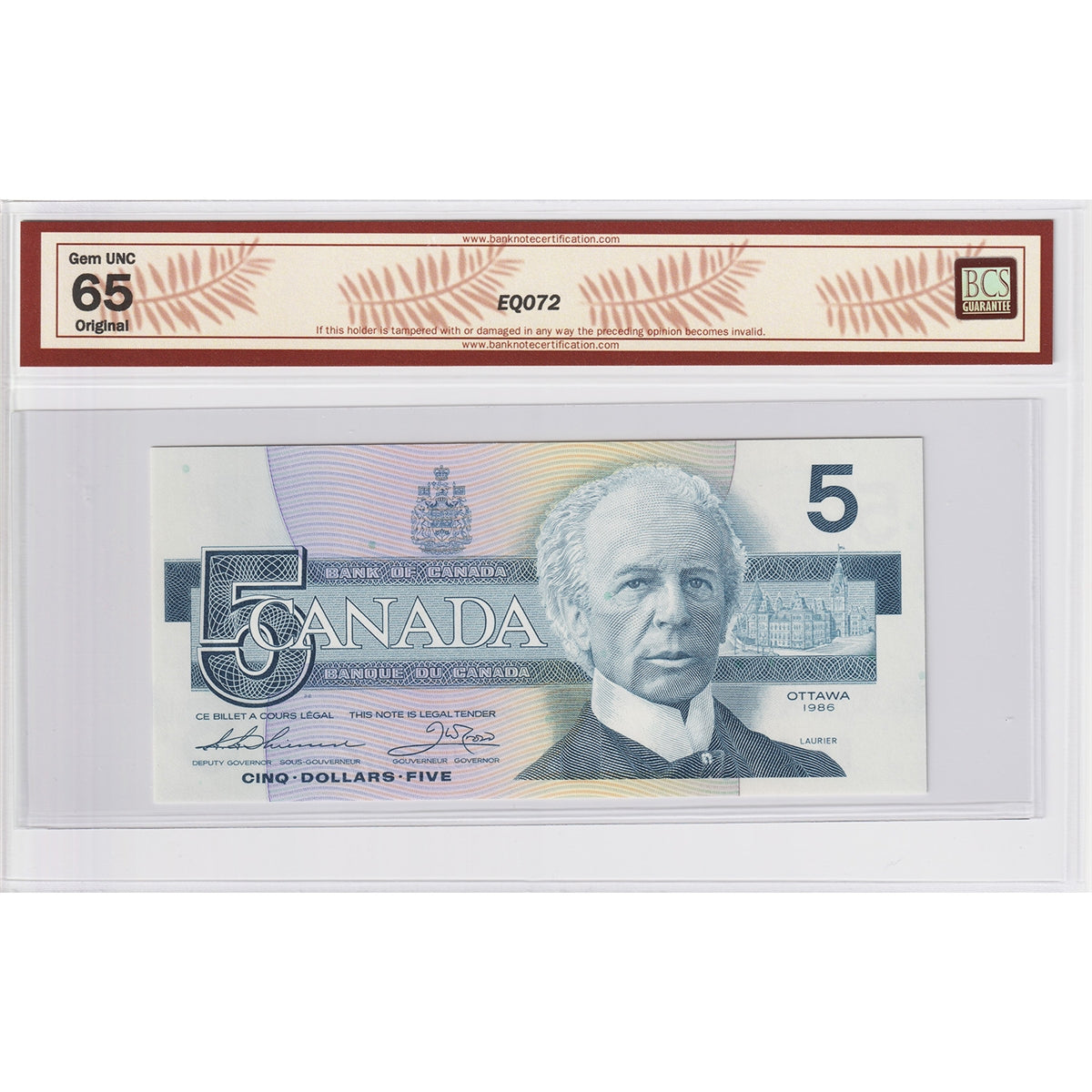 BC-56b 1986 Canada $5 Thiessen-Crow, GNJ BCS Certified GUNC65 Original