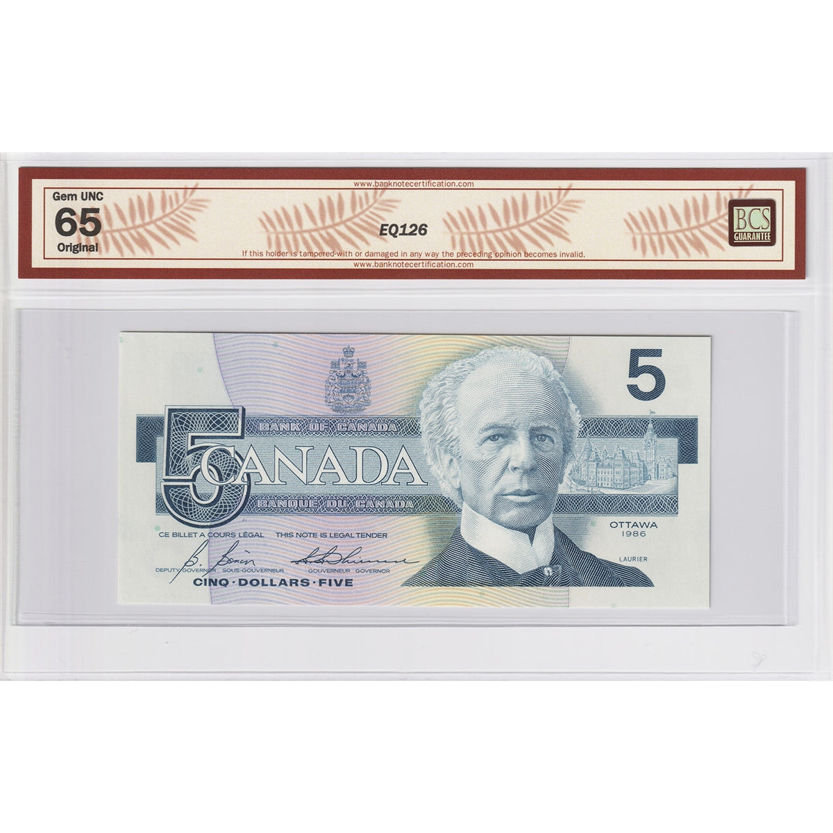 BC-56c 1986 Canada $5 Bonin-Thiessen, GOZ BCS Certified GUNC65 Original