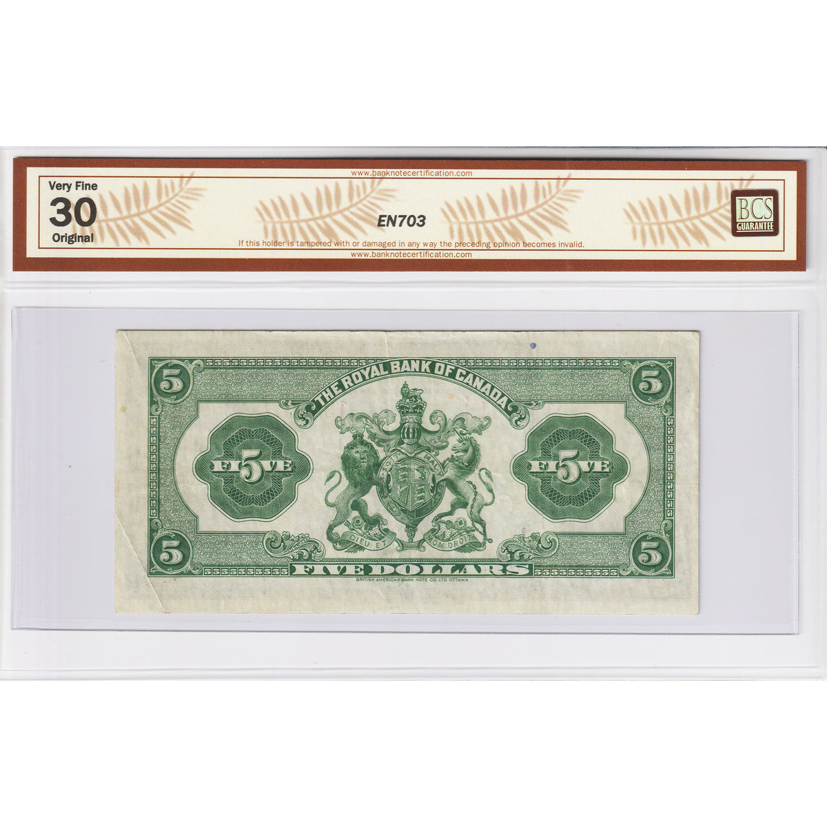 630-18-02a 1935 Royal Bank $5 Dobson-Wilson, Large Signatures, Check Letter A BCS Certified VF30 Original