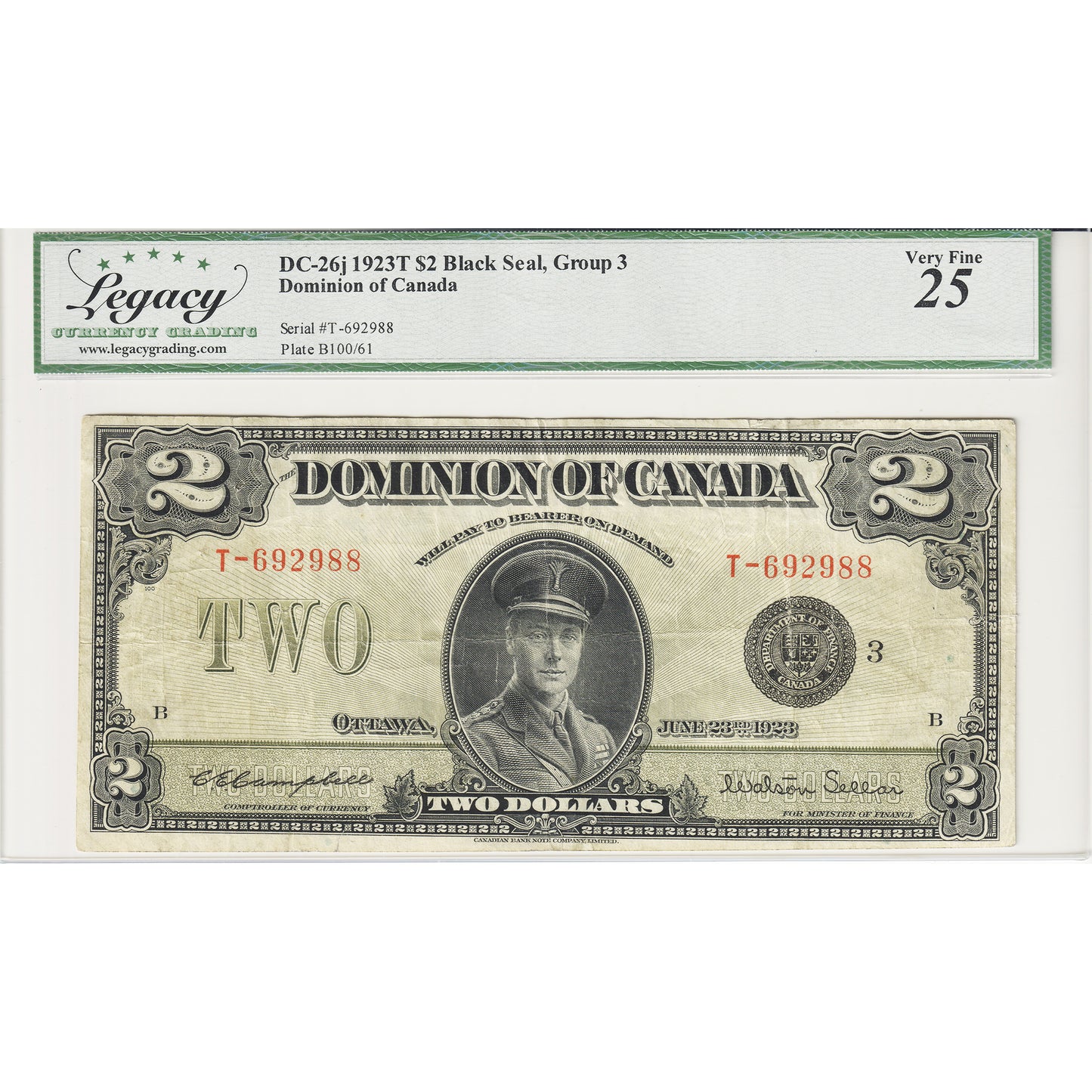 DC-26j 1923 Dominion $2 Campbell-Sellar, Black Seal, Group 3, Check A Legacy Cert. VF-25