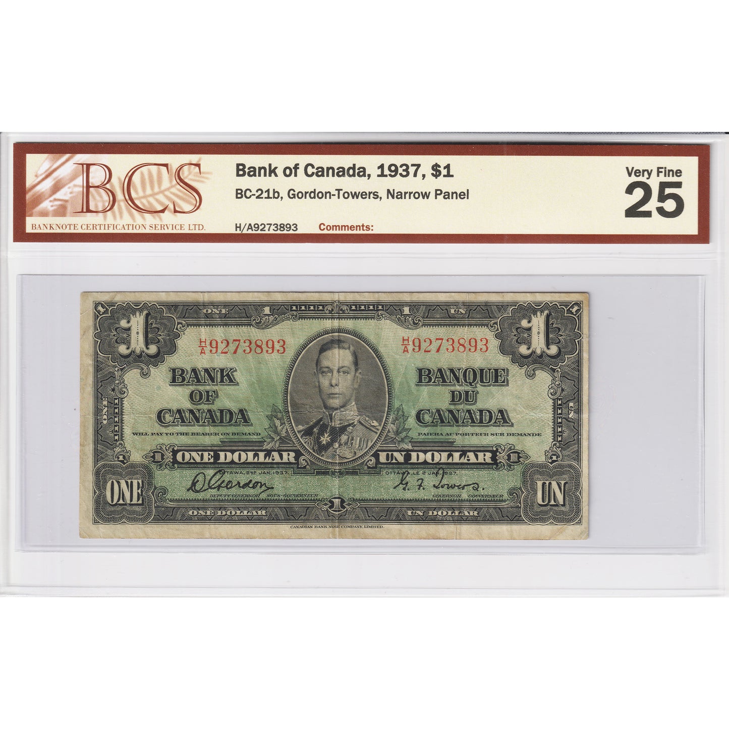 BC-21b 1937 Canada $1 Gordon-Towers, Narrow Panel, H/A, BCS Certified VF25