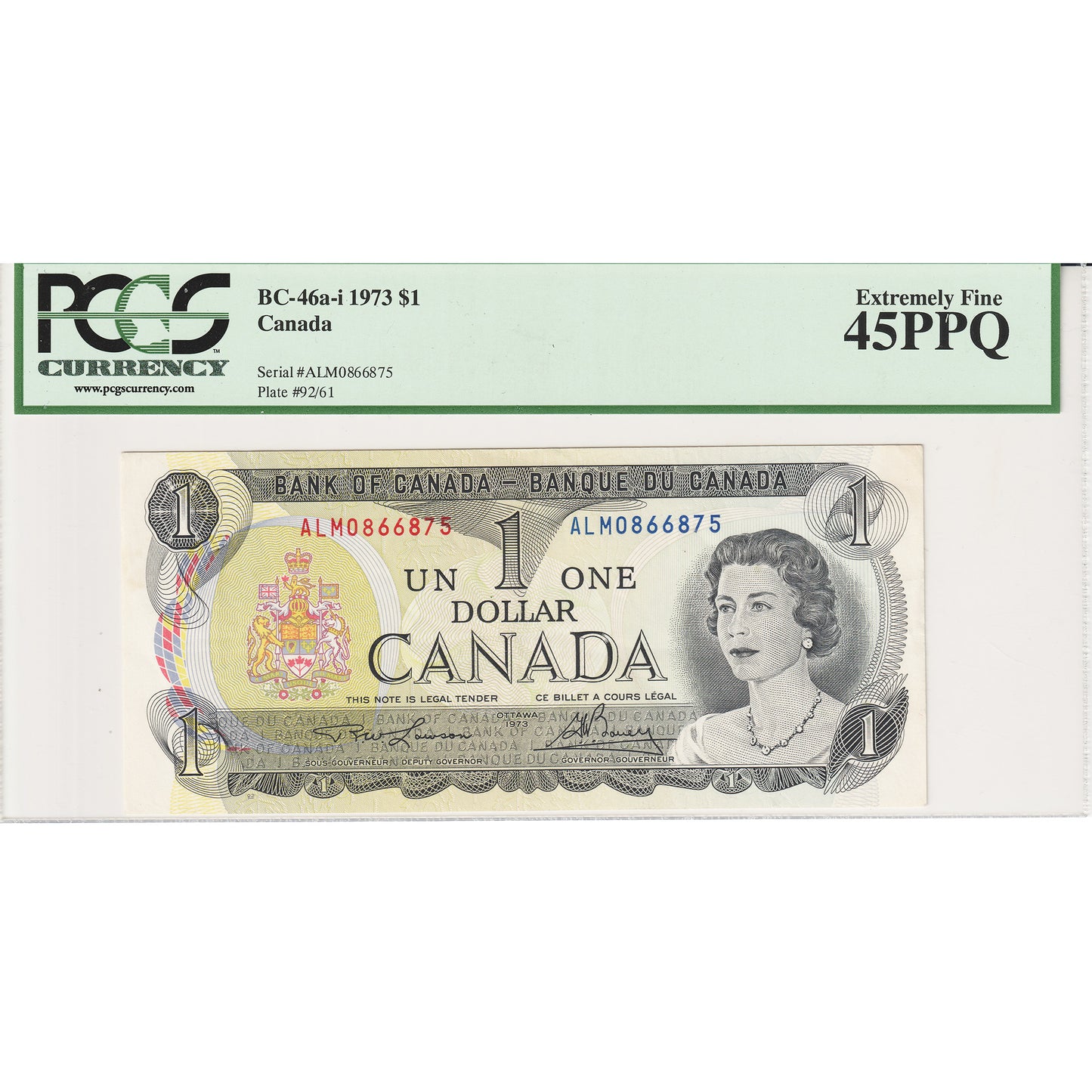 BC-46a-i 1973 Canada $1 Lawson-Bouey, Three Letter, ALM PCGS Certified EF45 PPQ