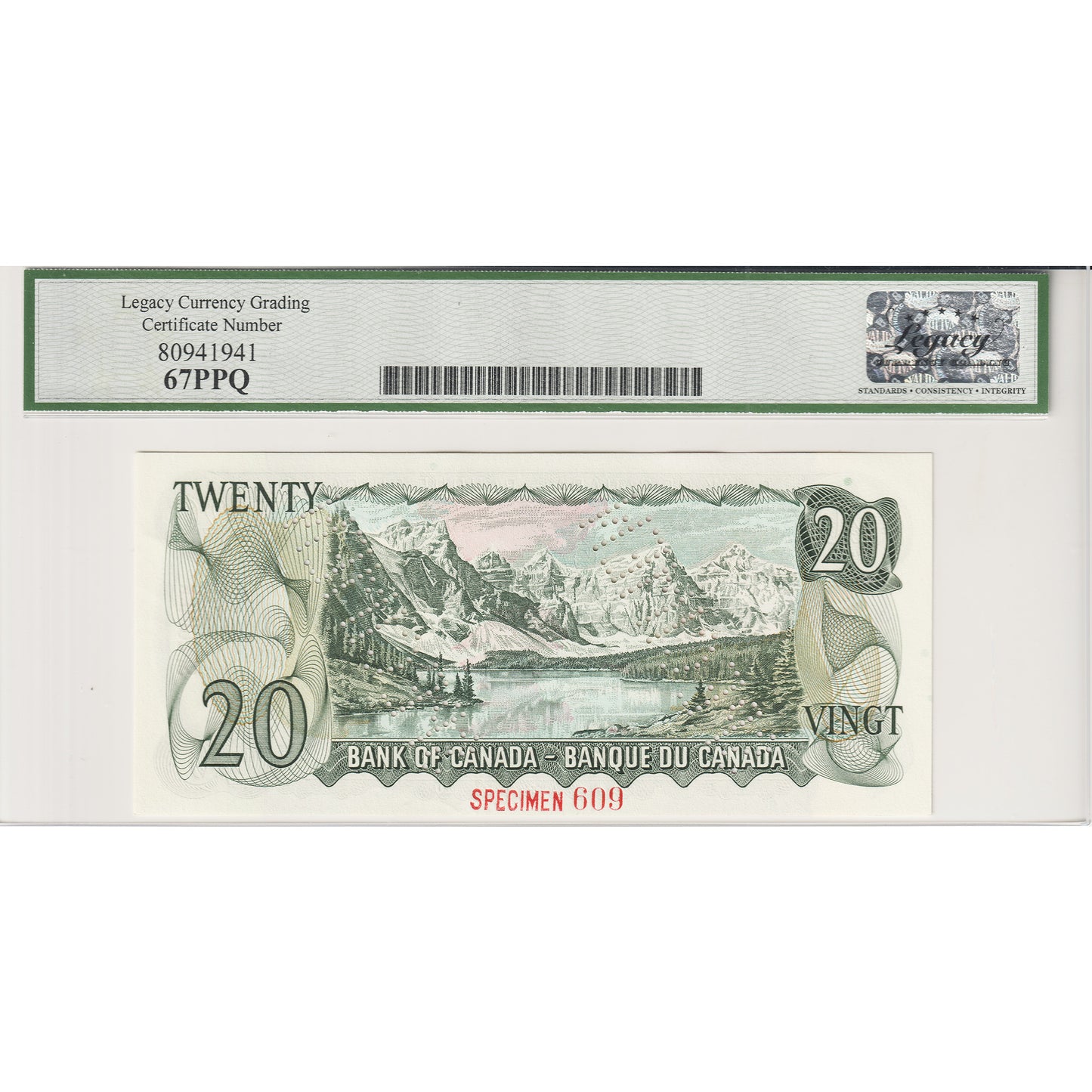 BC-50aS 1969 Canada $20 B-R, Specimen 609, EA Legacy Certified GUNC67 PPQ Cancelled