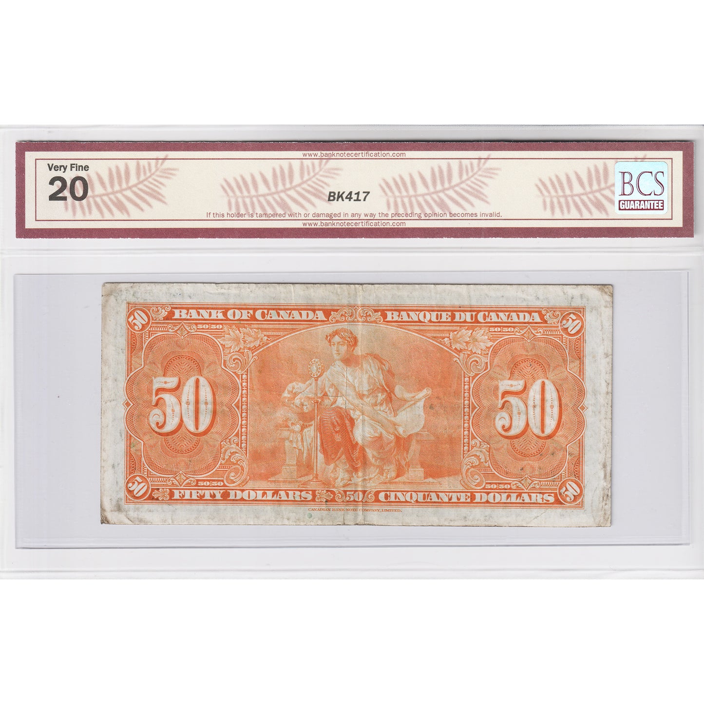 BC-26c 1937 Canada $50 Coyne-Towers, Changeover, B/H BCS Certified VF20