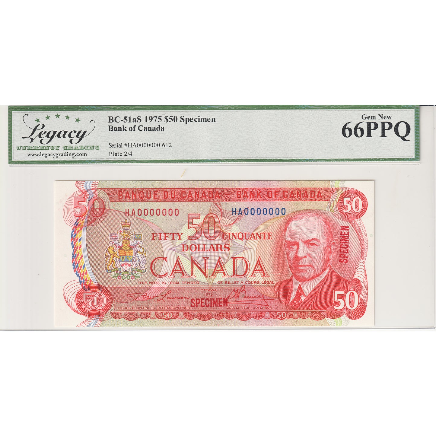 BC-51aS 1975 Canada $50 Lawson-Bouey, Specimen 612, HA Legacy Certified GUNC66 PPQ