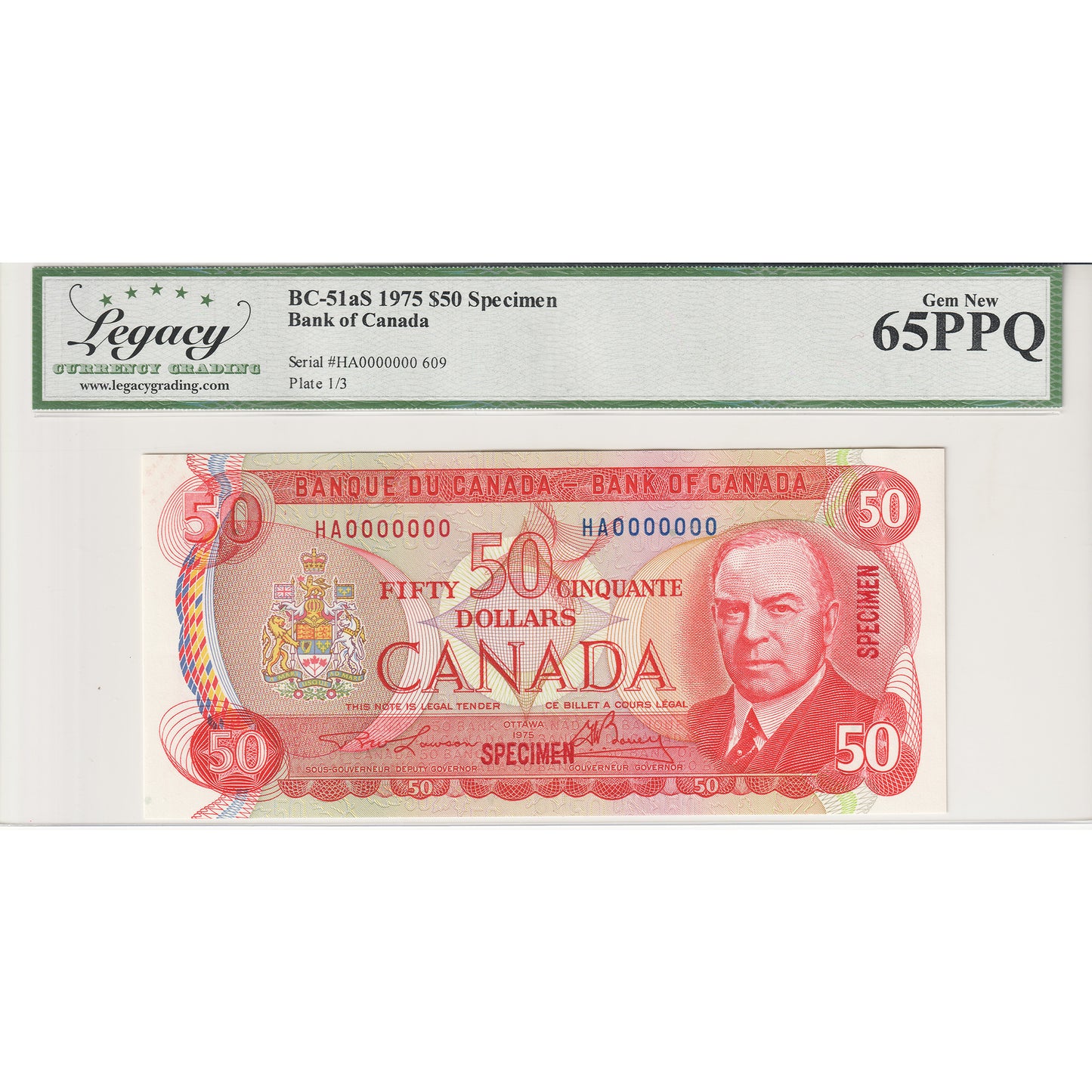 BC-51aS 1975 Canada $50 Lawson-Bouey, Specimen 609, HA Legacy Certified GUNC65 PPQ