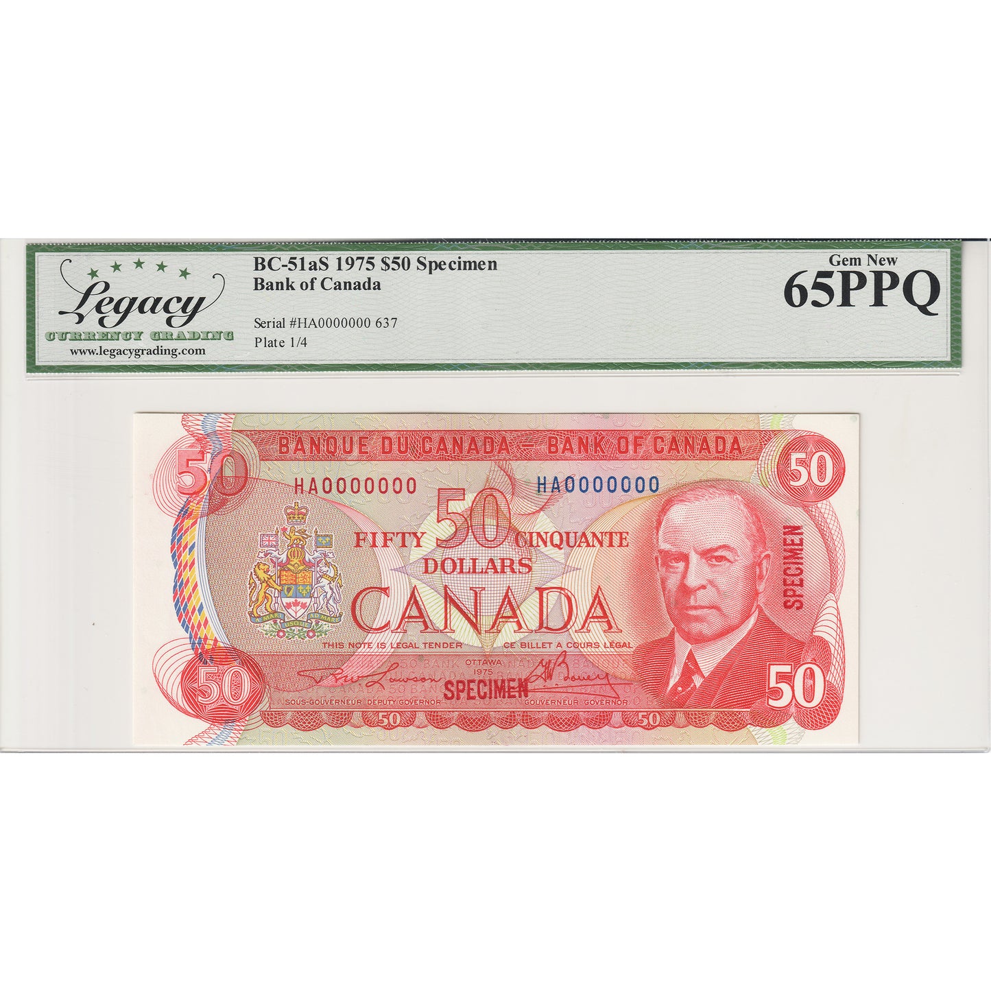 BC-51aS 1975 Canada $50 Lawson-Bouey, Specimen 637, HA Legacy Certified GUNC65 PPQ