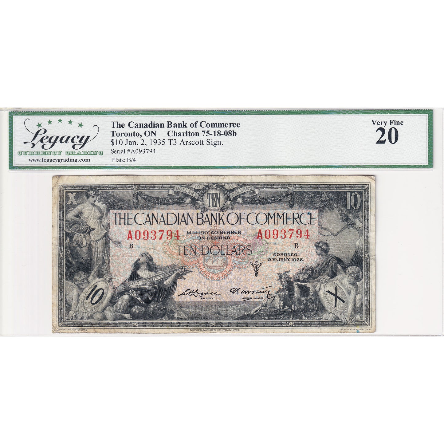 75-18-08b 1935 Canadian Bank of Commerce $10 Logan-Arscott, Check B Legacy Cert. VF-20