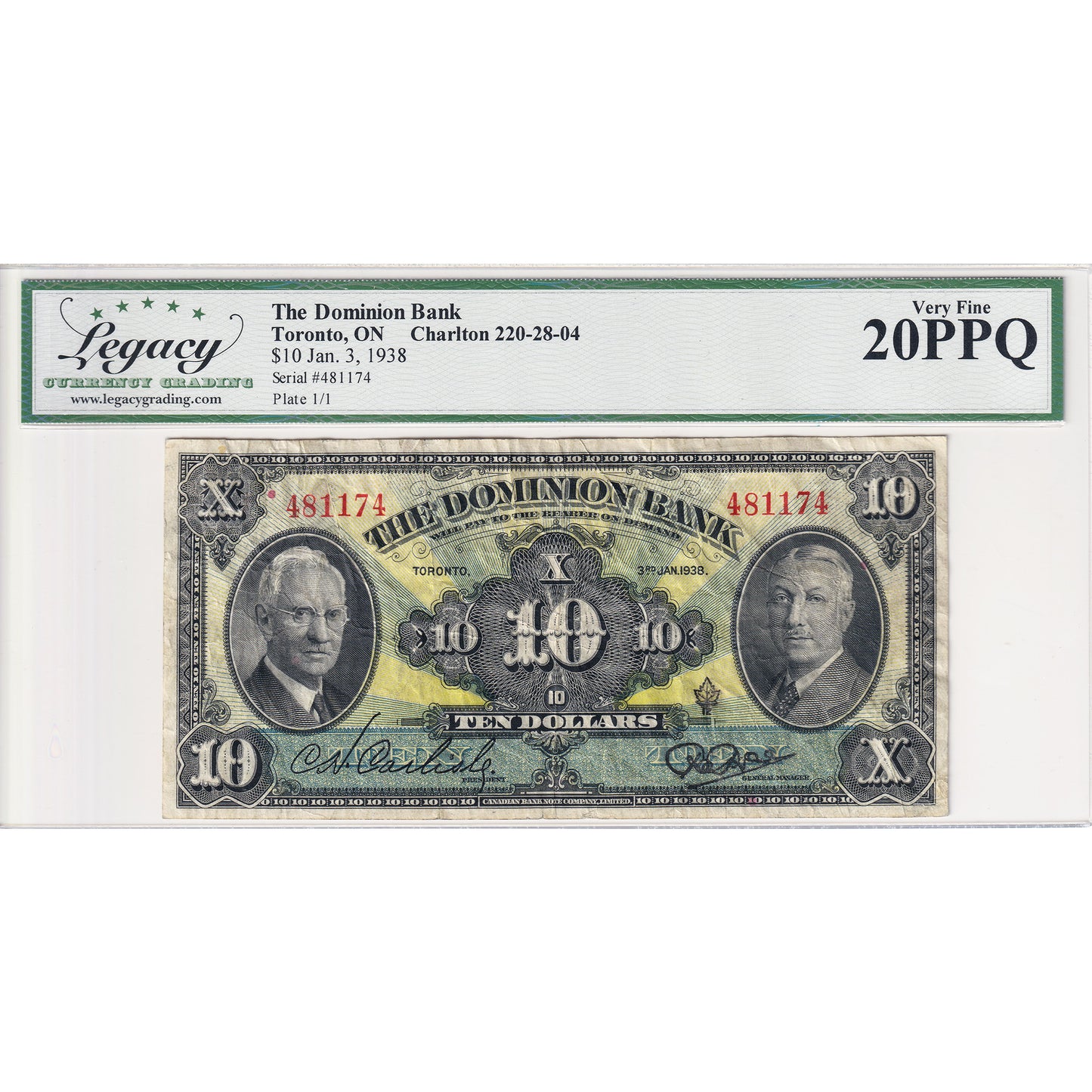 220-28-04 1938 Dominion Bank $10 Carlisle-Rae Legacy Certified VF-20 PPQ