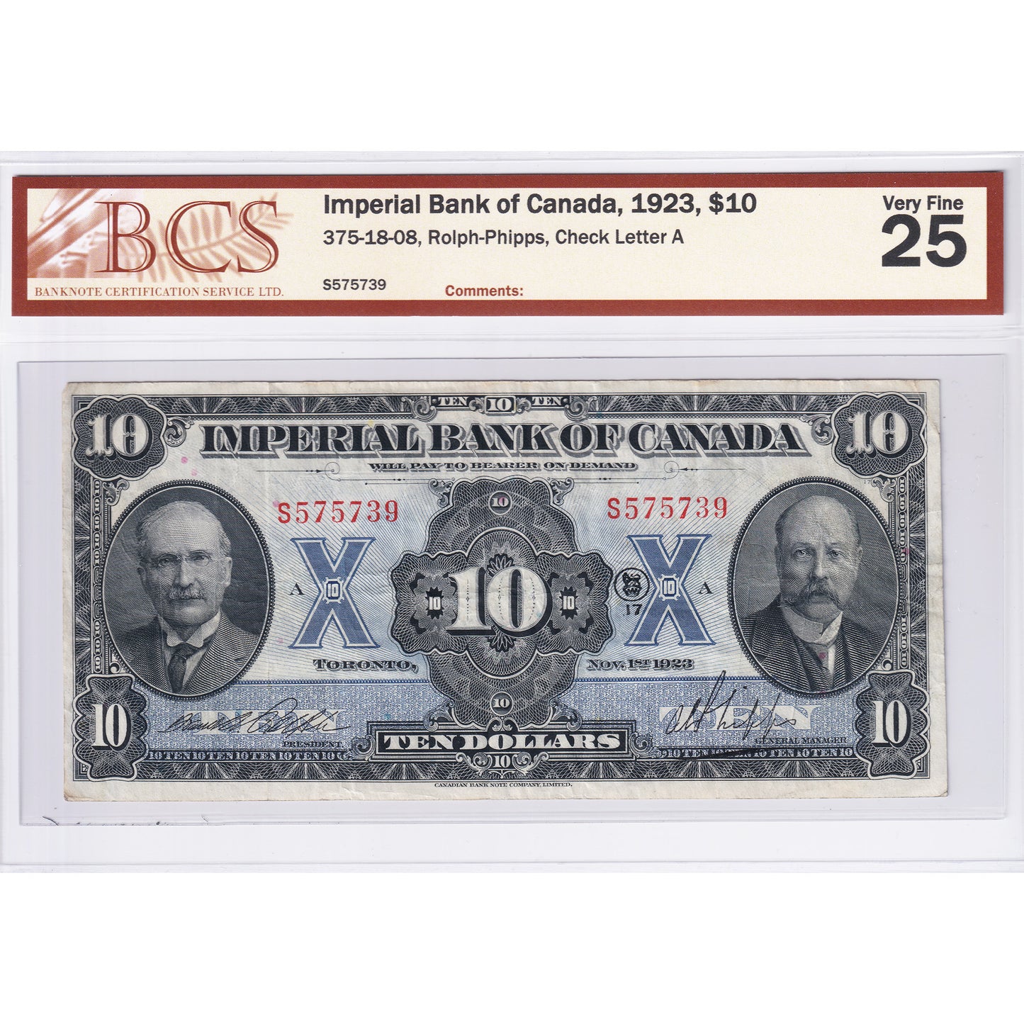 375-18-08 1923 Imperial Bank $10 Rolph-Phipps, Check Letter A BCS Certified VF-25