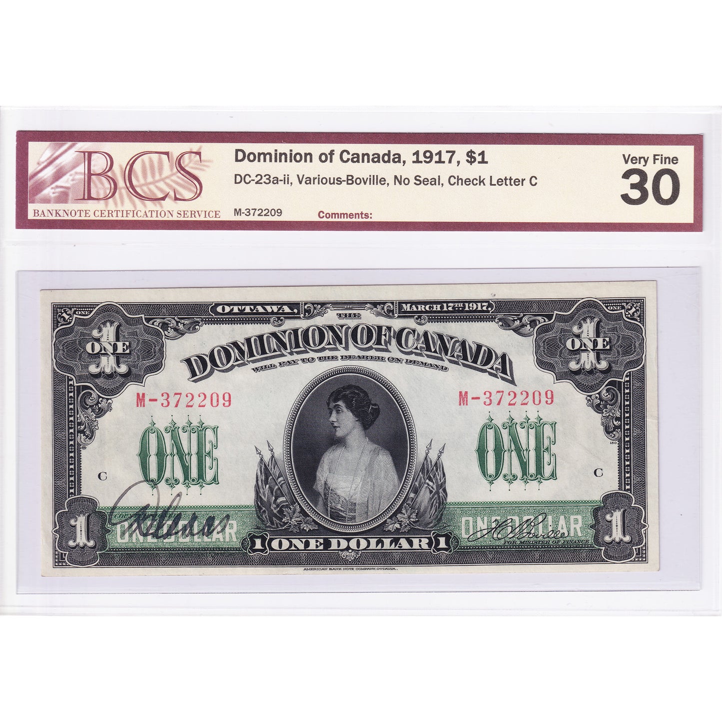 DC-23a-ii 1917 Dominion $1 Various-Boville, No Seal, M, Check Letter C, BCS Cert. VF-30