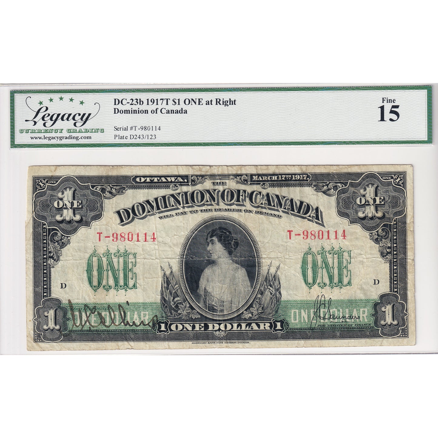 DC-23b 1917 Dominion $1 Various-Saunders, No Seal, Series T, Check D Legacy Cert. F-15