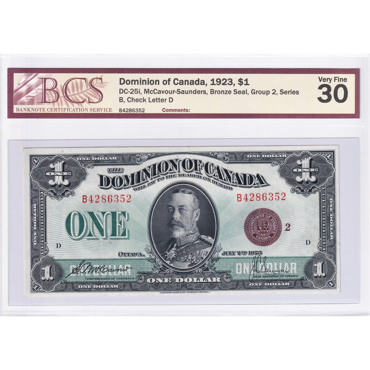 DC-25i 1923 Dominion $1 M-S, Bronze Seal, Group 2, Series B, Check D BCS Certified VF-30