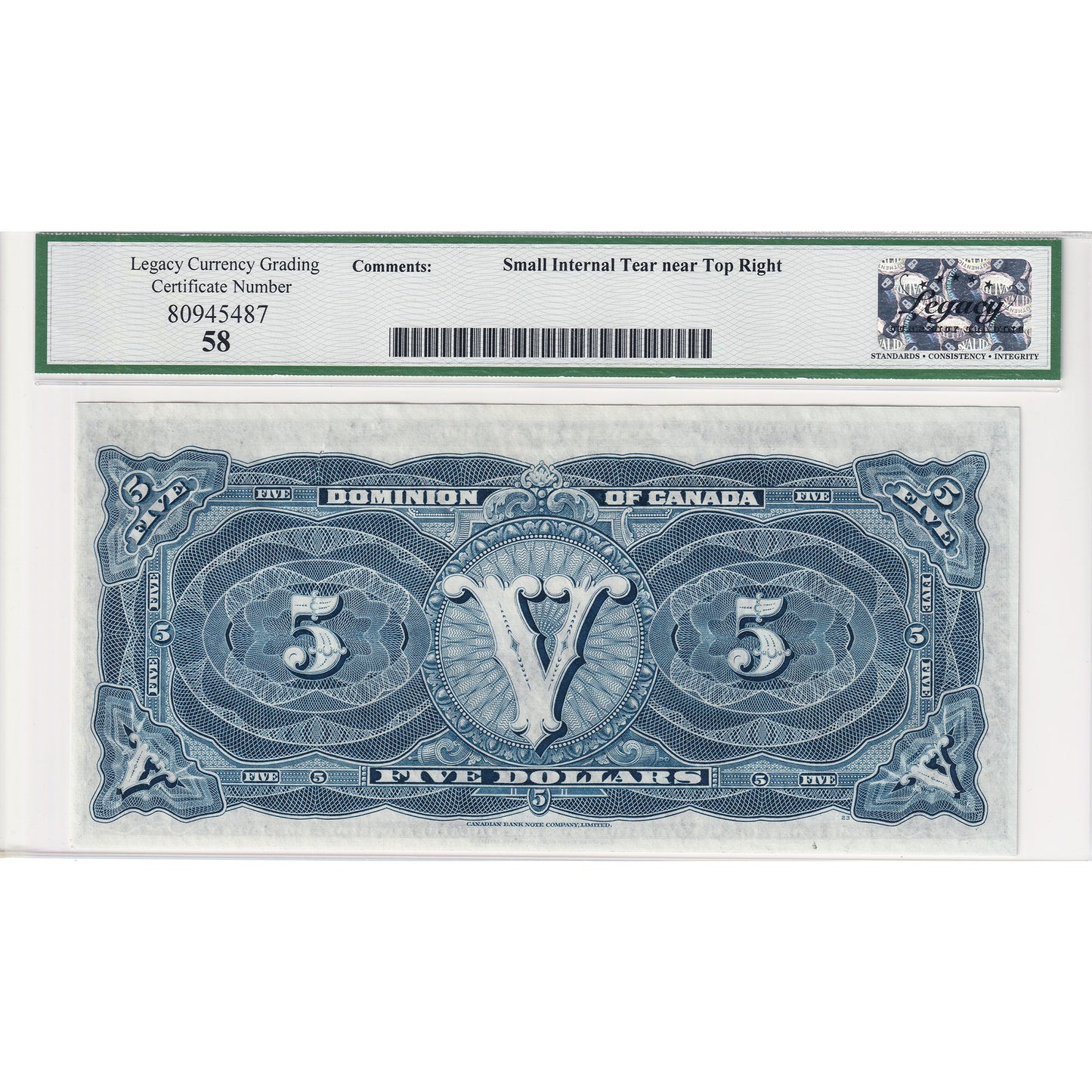 DC-21g 1912 Dominion $5 H-S, Blue Seal, Seal Only, Series C Legacy Certified AU58