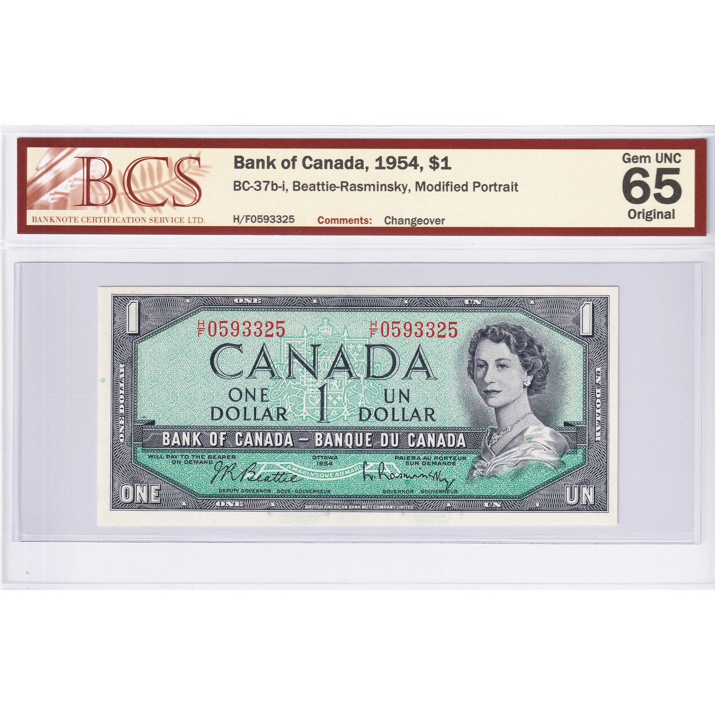 BC-37b-i 1954 Canada $1 B-R, Modified, Changeover, H/F BCS Certified GUNC-65 Original