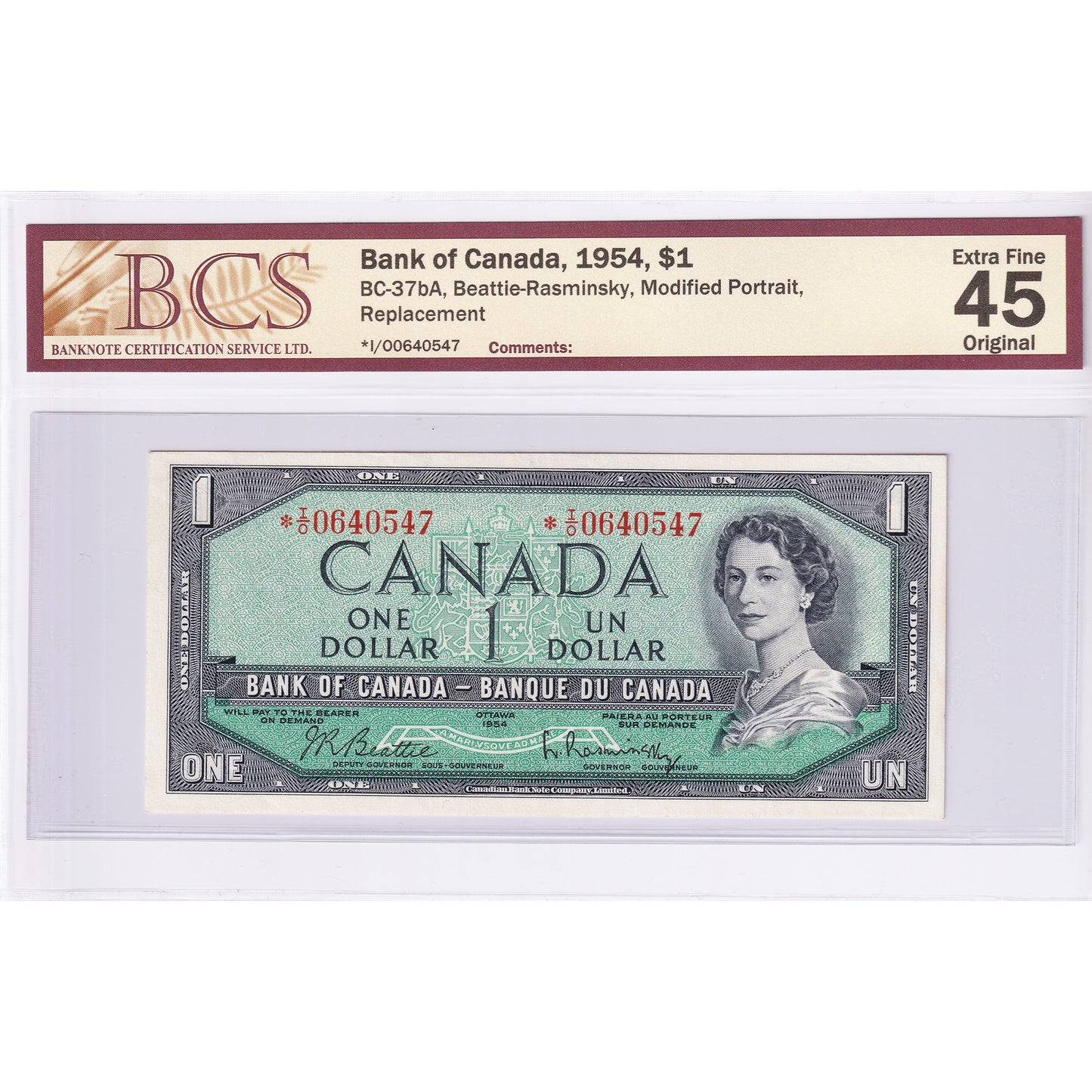 BC-37bA 1954 Canada $1 B-R, Modified, Replacement, *I/O BCS Certified EF-45 Original