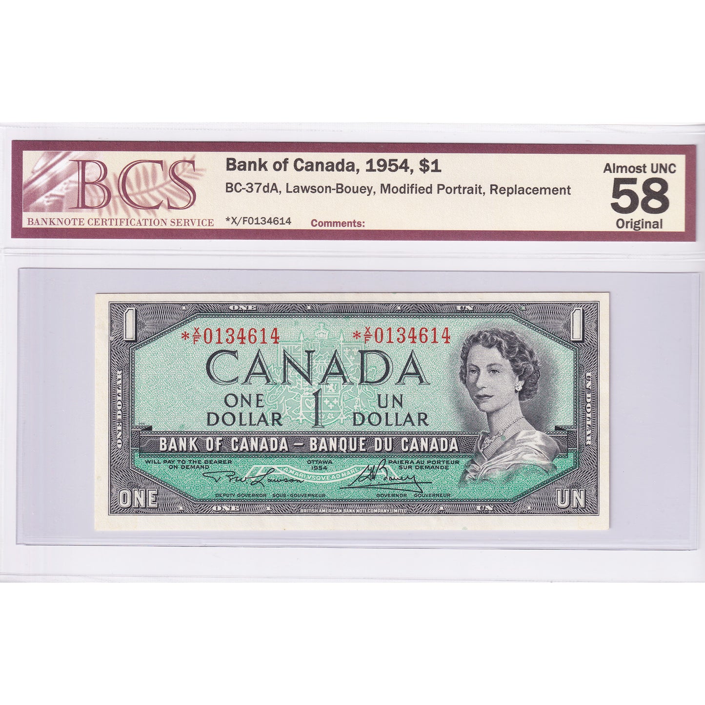 BC-37dA 1954 Canada $1 Lawson-Bouey, Modified, Replacement, *X/F BCS Cert. AU-58 Orig.