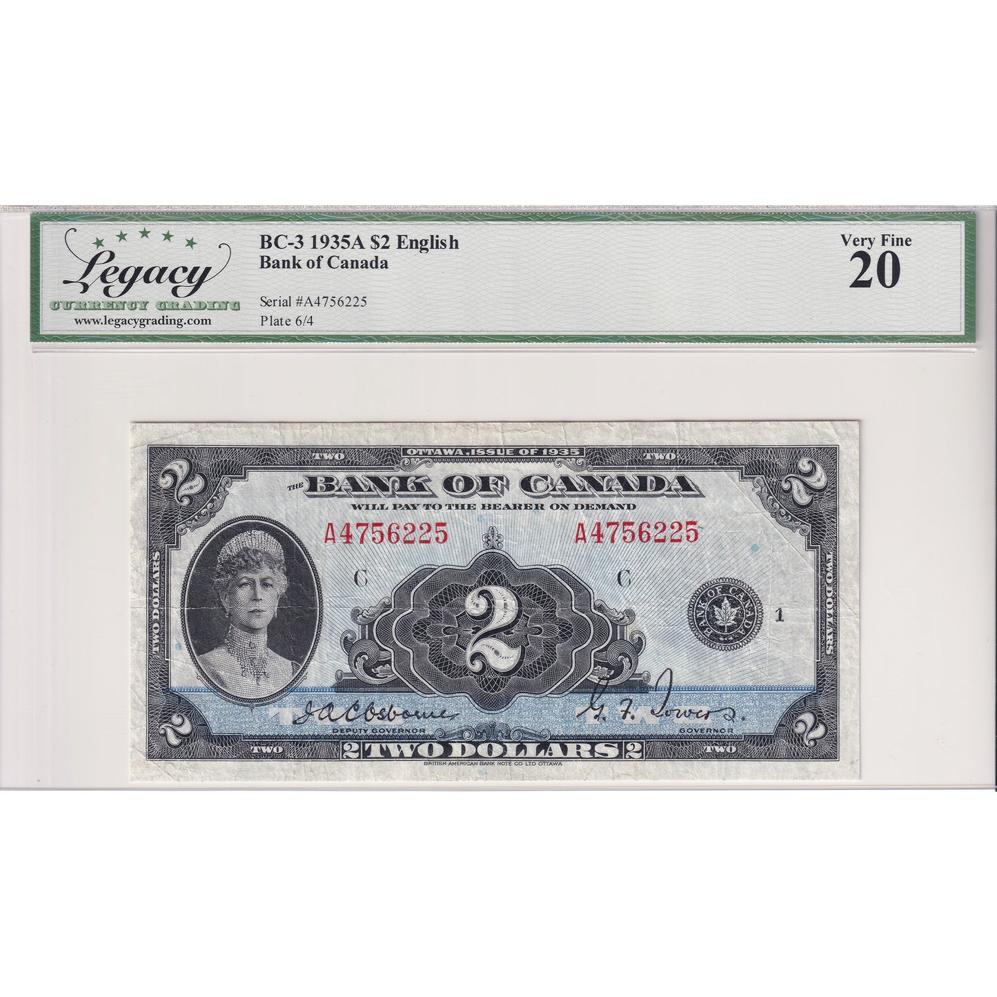 BC-3 1935 Canada $2 Osborne-Towers, English, Series A, Check C Legacy Certified VF-20