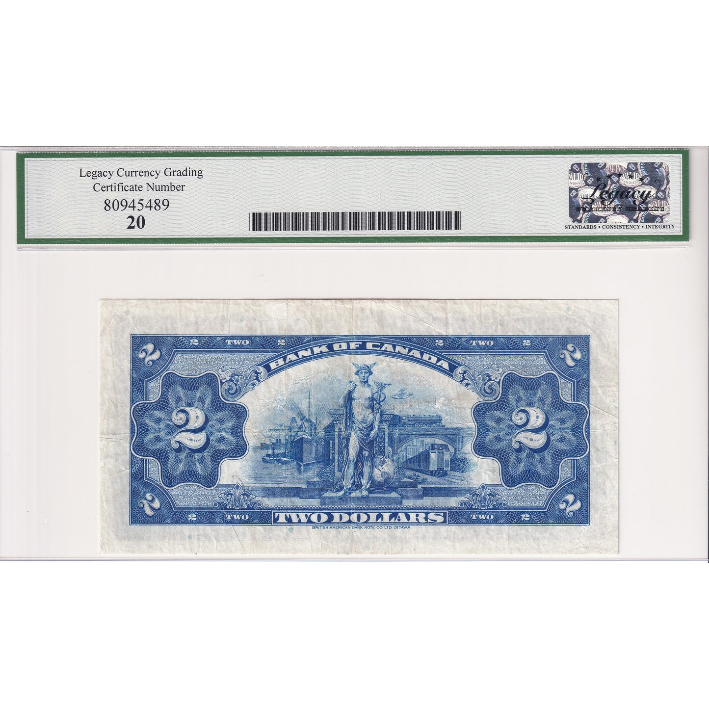 BC-3 1935 Canada $2 Osborne-Towers, English, Series A, Check C Legacy Certified VF-20