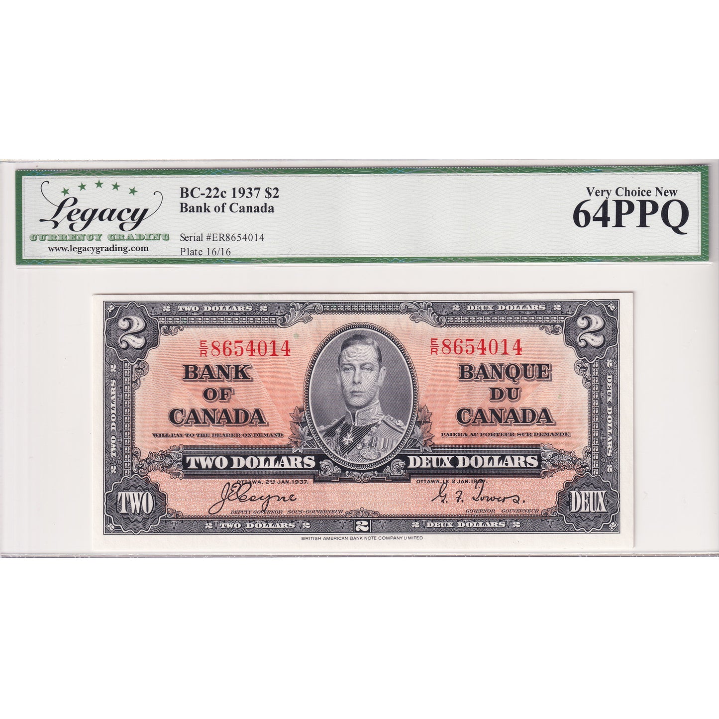 BC-22c 1937 Canada $2 Coyne-Towers, E/R Legacy Certified CUNC-64 PPQ