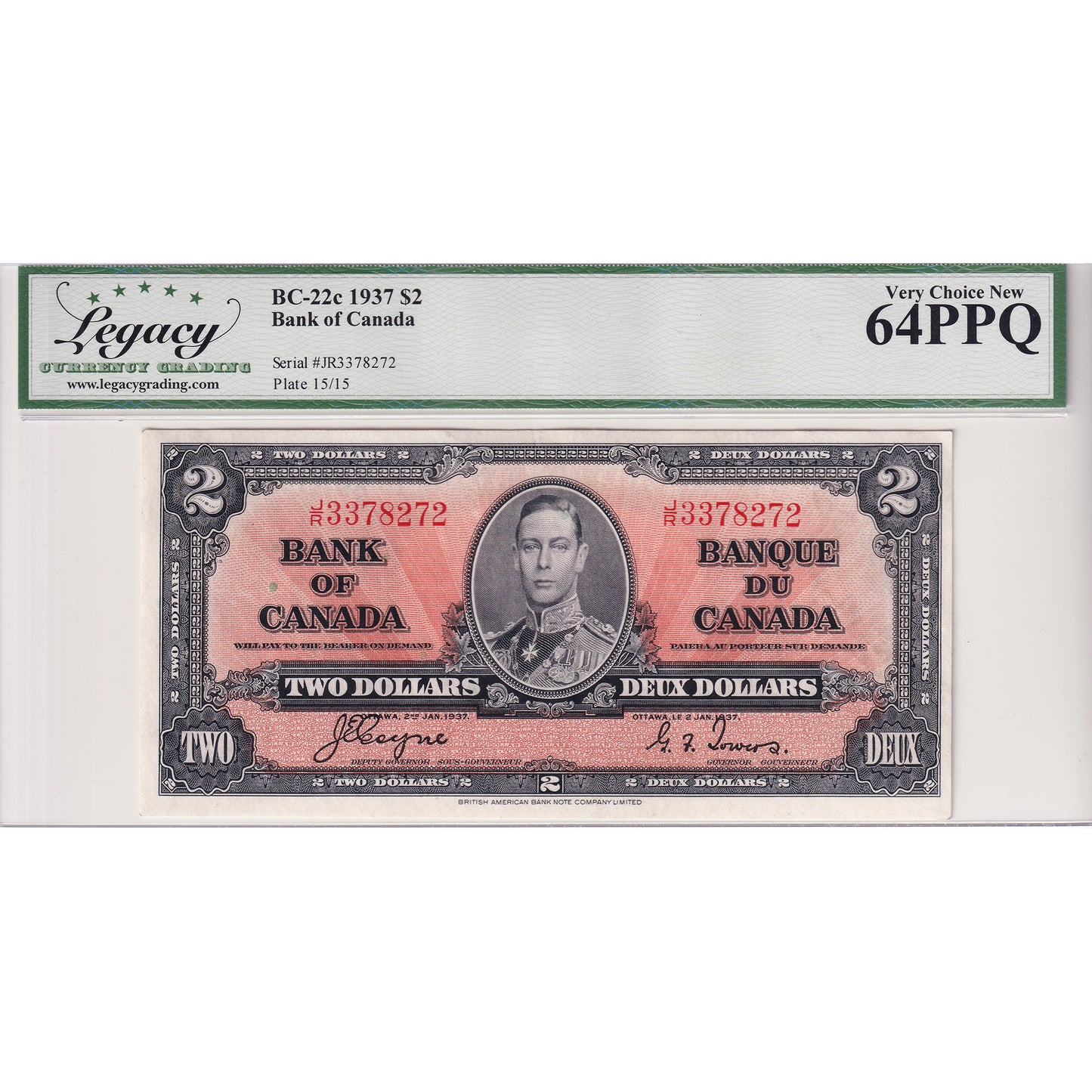 BC-22c 1937 Canada $2 Coyne-Towers, J/R Legacy Certified CUNC-64 PPQ