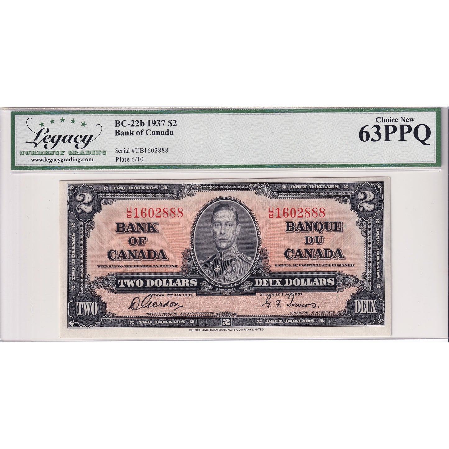 BC-22b 1937 Canada $2 Gordon-Towers, U/B Legacy Certified CUNC-63 PPQ