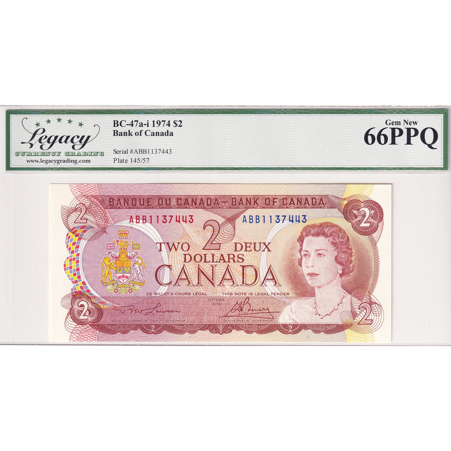 BC-47a-i 1974 Canada $2 Lawson-Bouey, Three Letter, ABB Legacy Certified GUNC-66 PPQ
