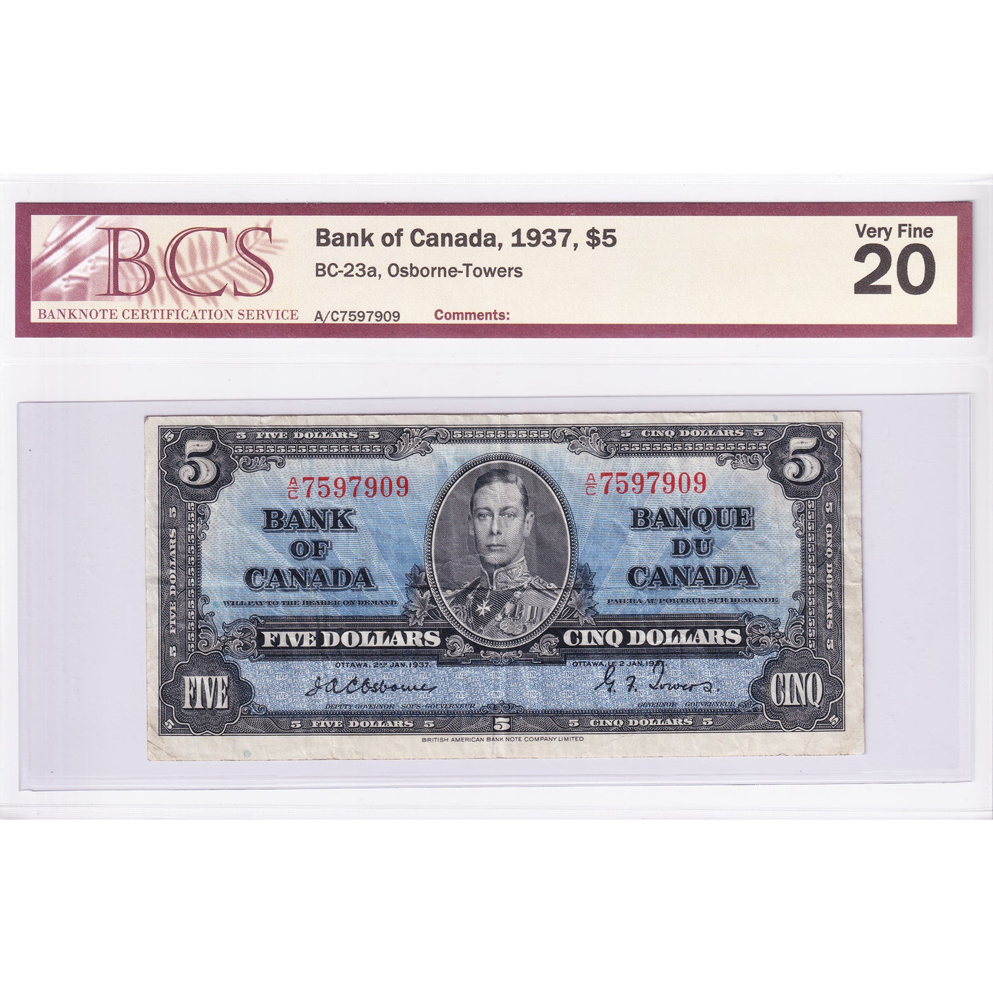 BC-23a 1937 Canada $5 Osborne-Towers, A/C BCS Certified VF20