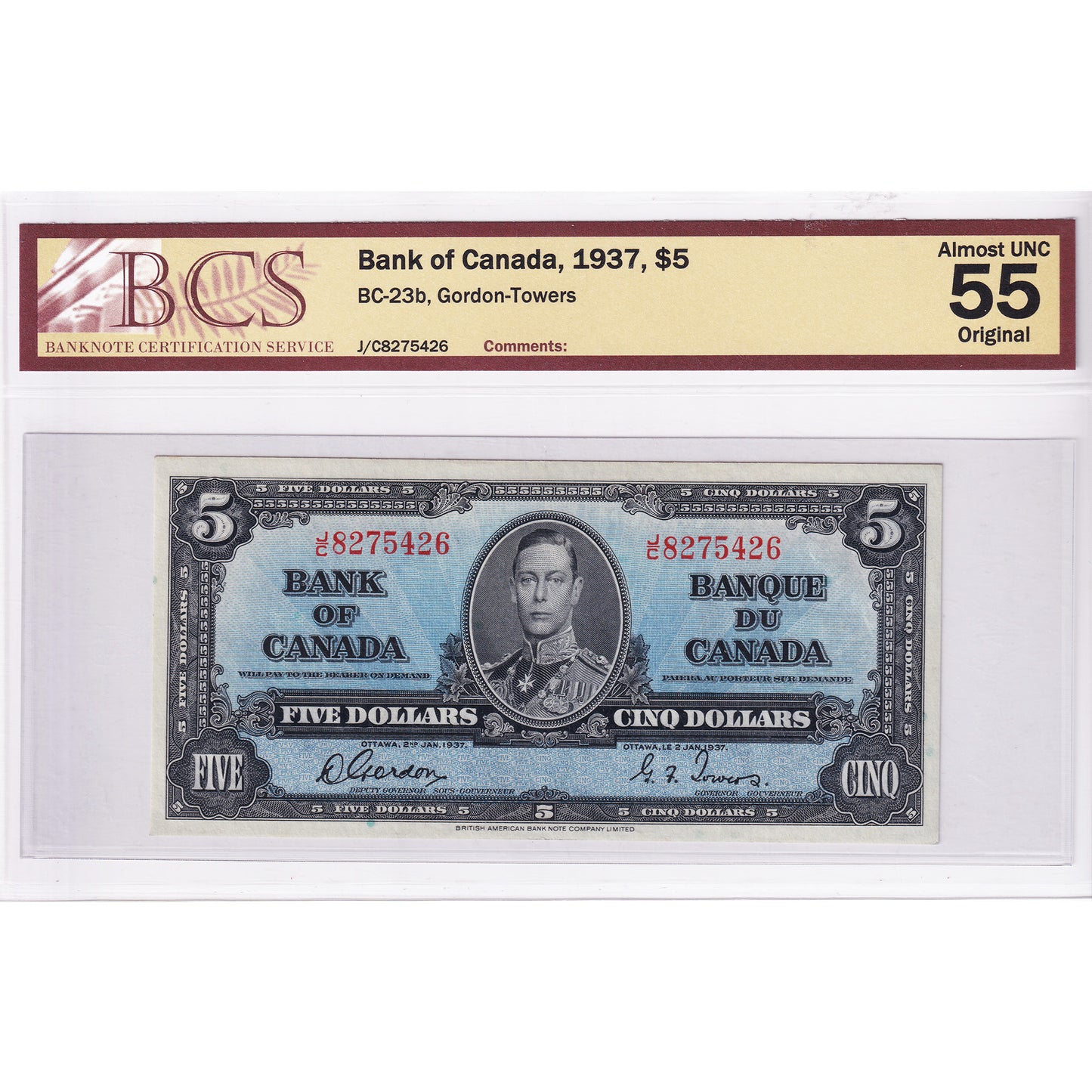 BC-23b 1937 Canada $5 Gordon-Towers, J/C BCS Certified AU55 Original