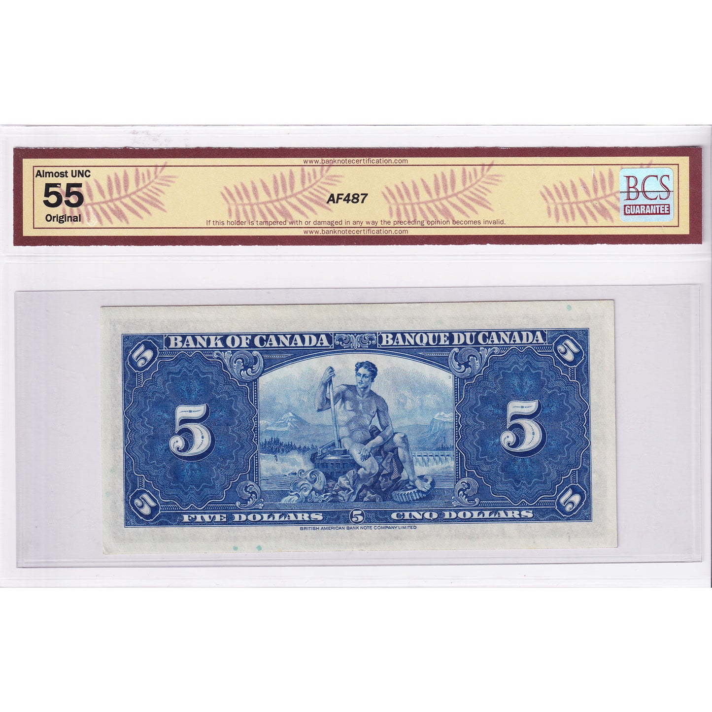 BC-23b 1937 Canada $5 Gordon-Towers, J/C BCS Certified AU55 Original
